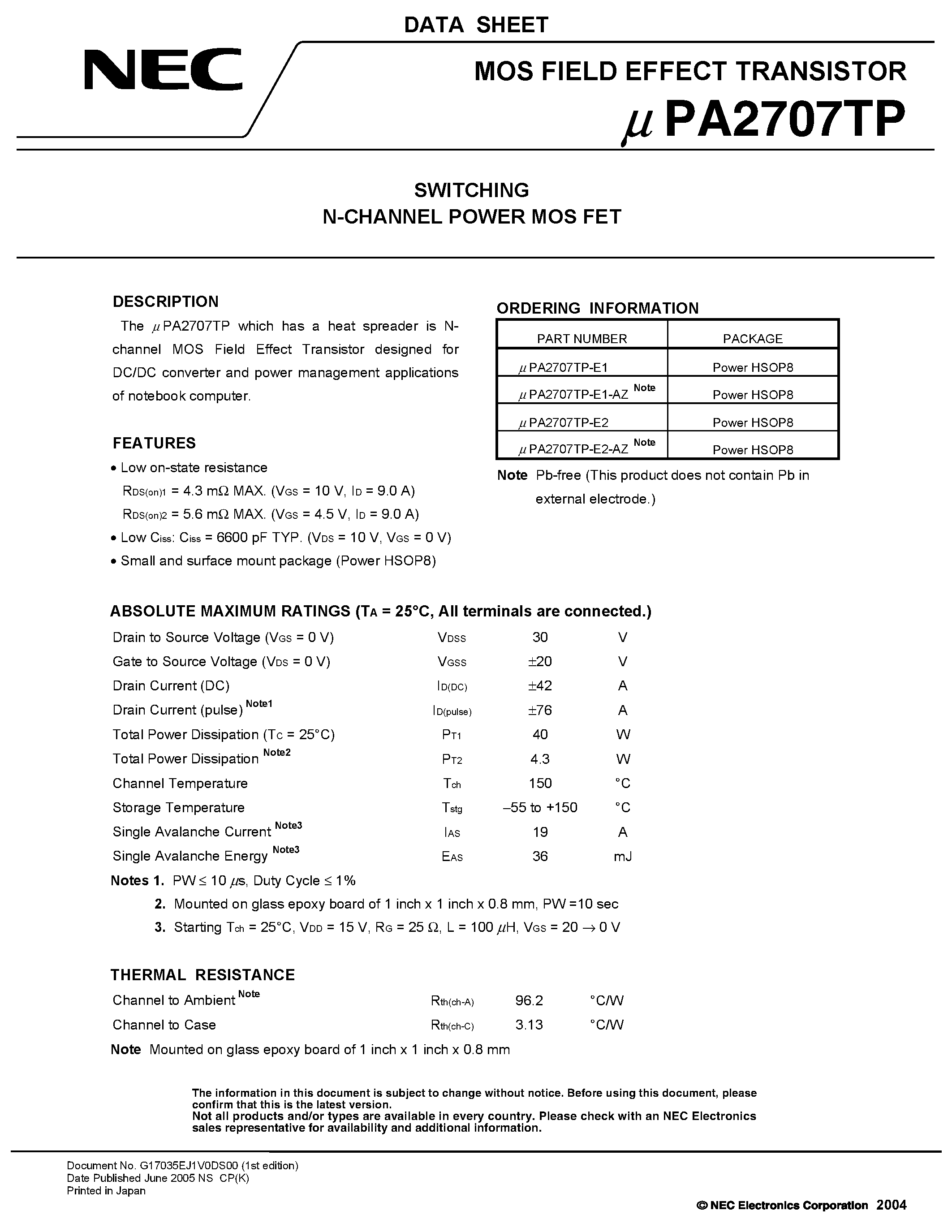 Даташит UPA2707TP - SWITCHING N- AND P-CHANNEL POWER MOS FET страница 1