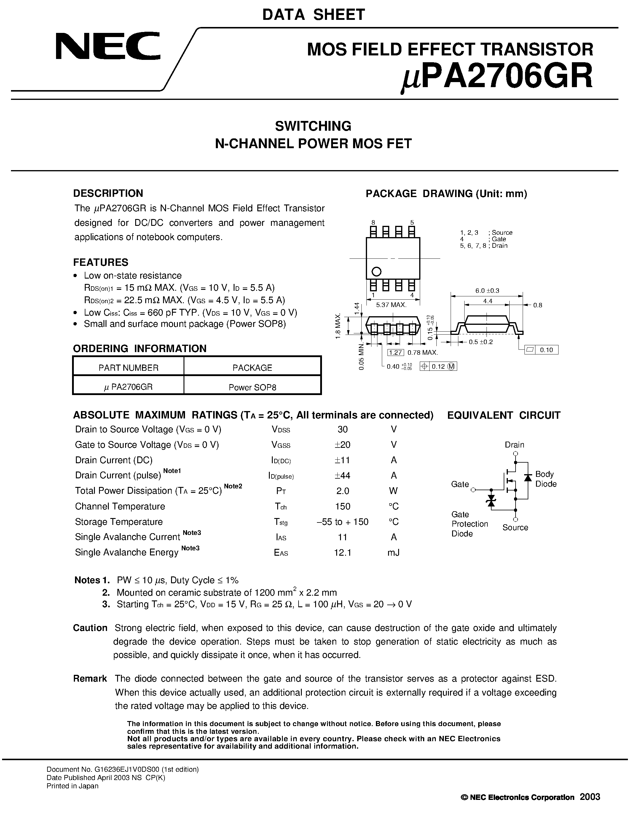 Даташит UPA2706GR - SWITCHING N- AND P-CHANNEL POWER MOS FET страница 1