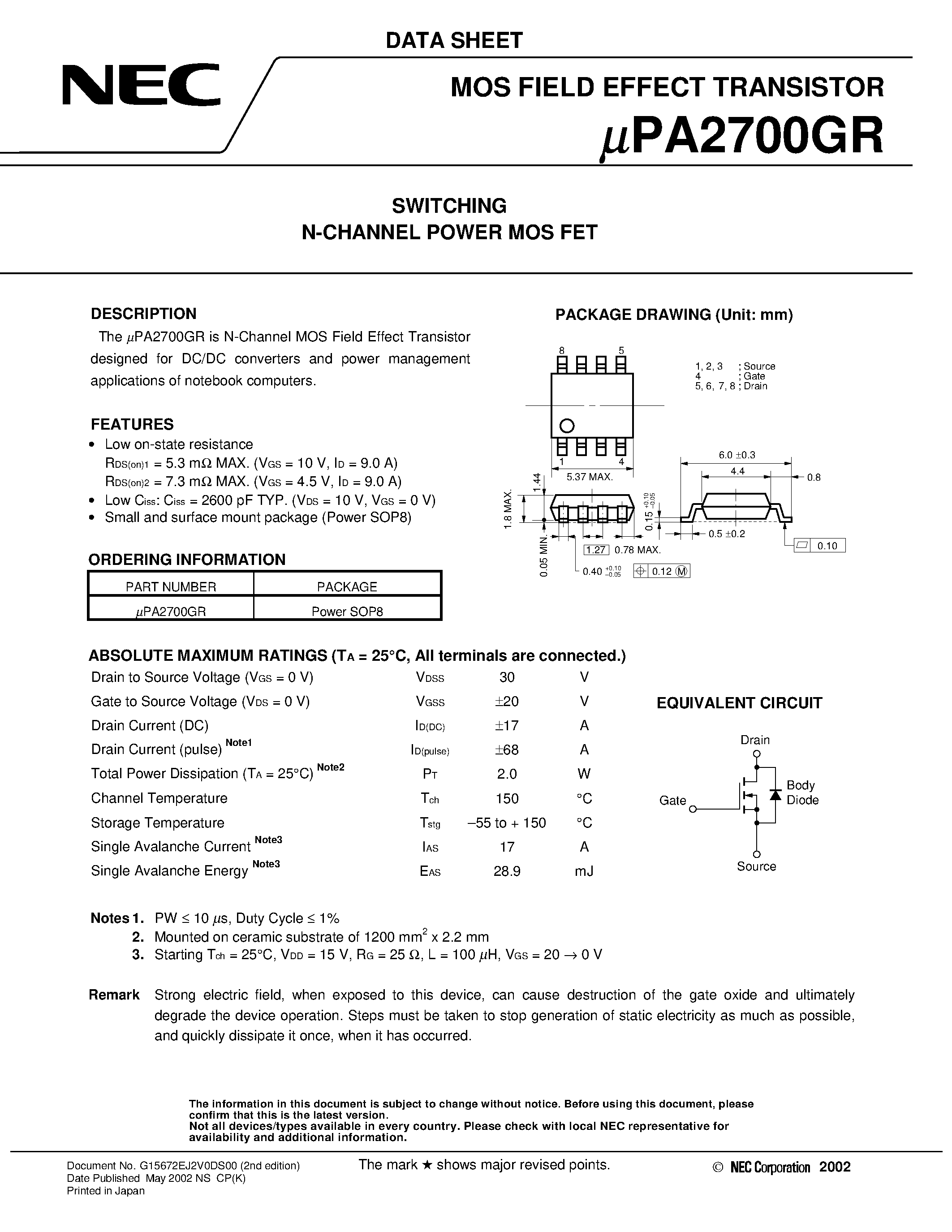 Даташит UPA2700GR - SWITCHING N- AND P-CHANNEL POWER MOS FET страница 1