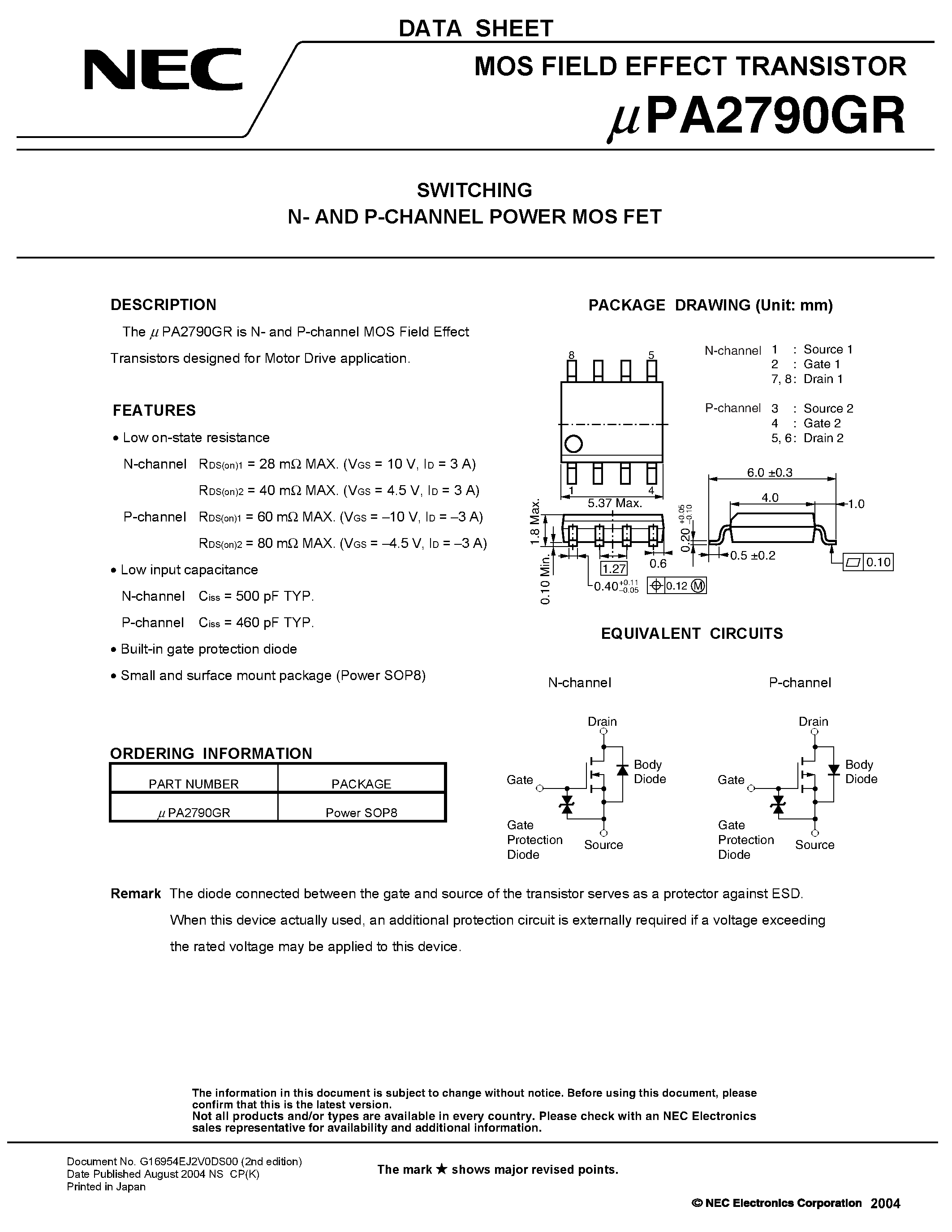 Даташит UPA2790GR - SWITCHING N- AND P-CHANNEL POWER MOS FET страница 1