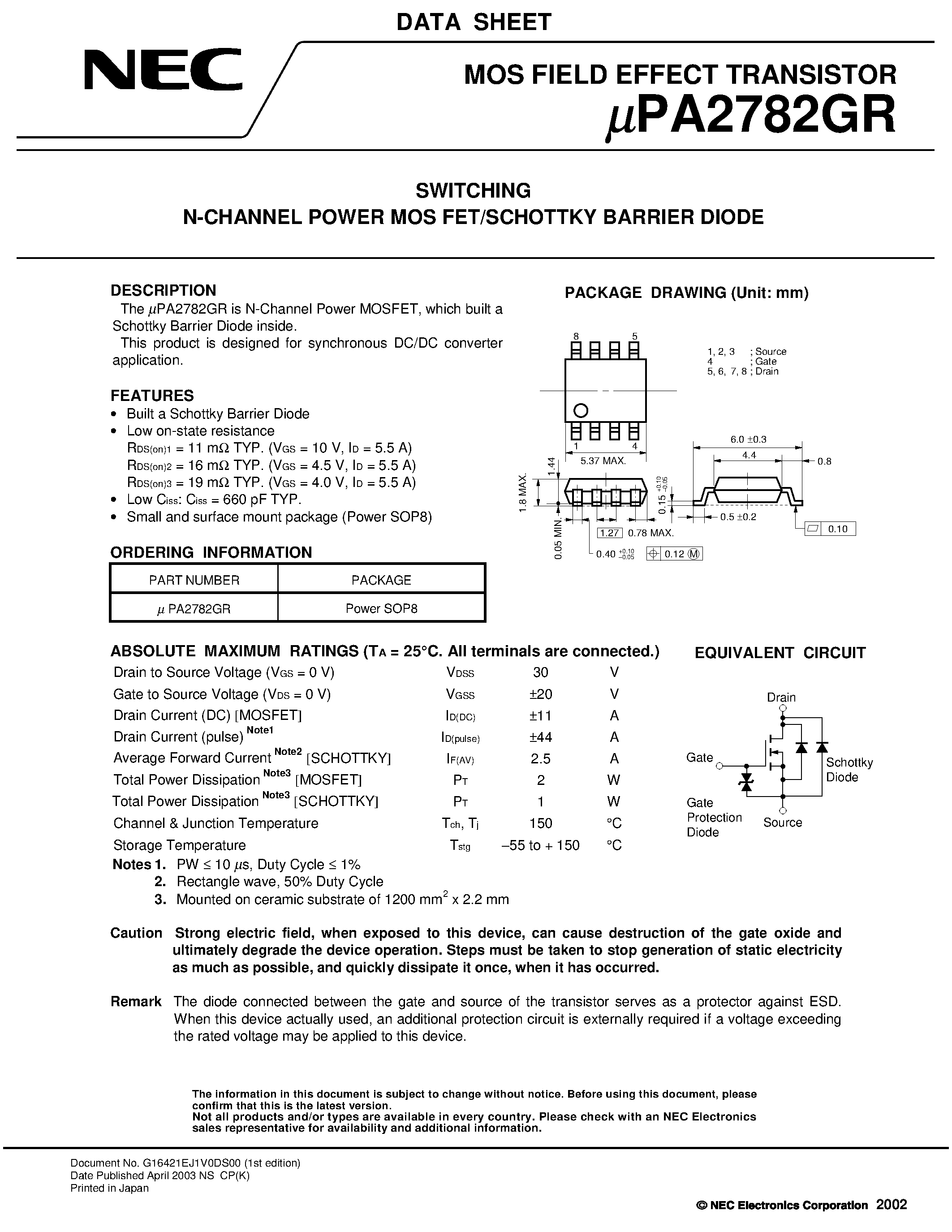 Даташит UPA2782GR - SWITCHING N- AND P-CHANNEL POWER MOS FET страница 1