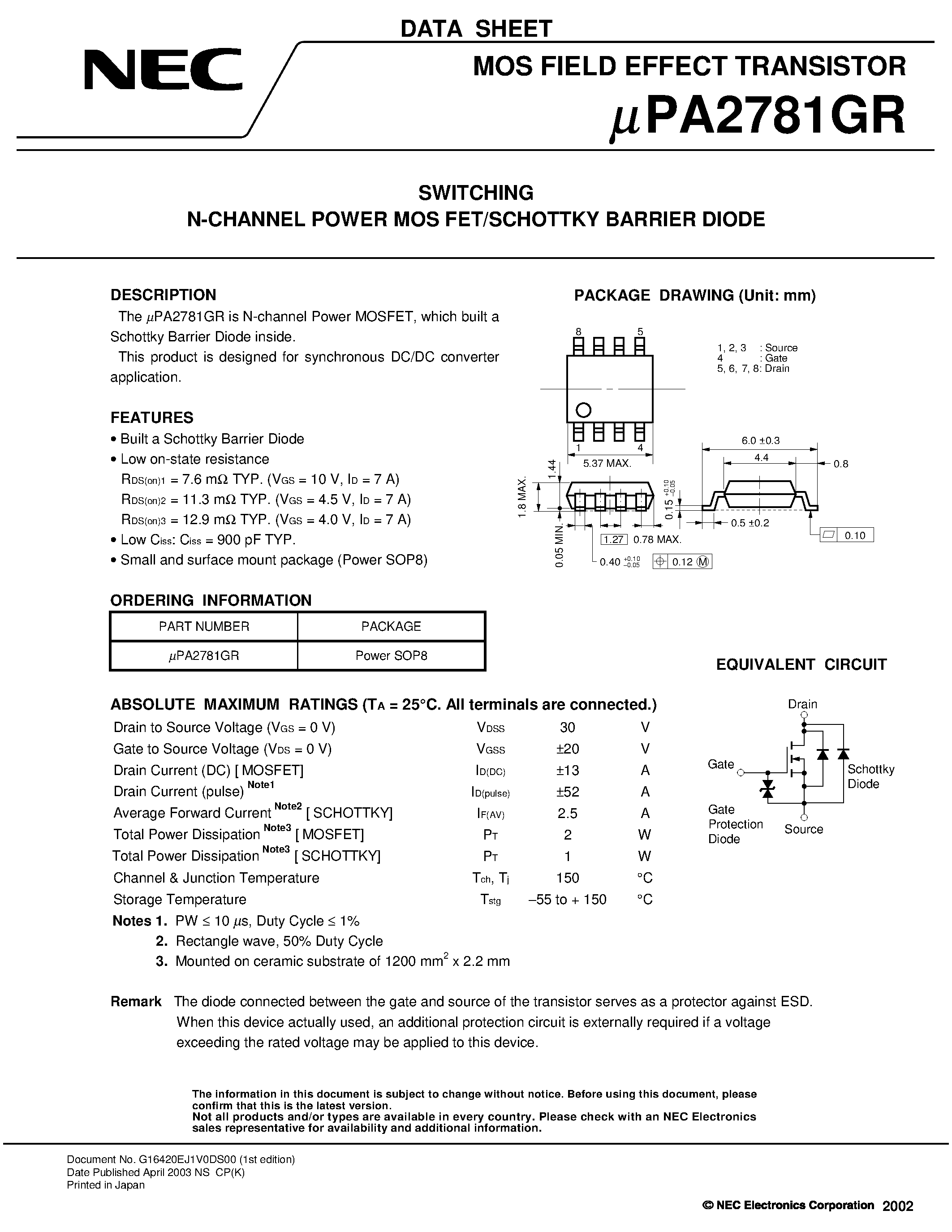 Даташит UPA2781GR - SWITCHING N- AND P-CHANNEL POWER MOS FET страница 1