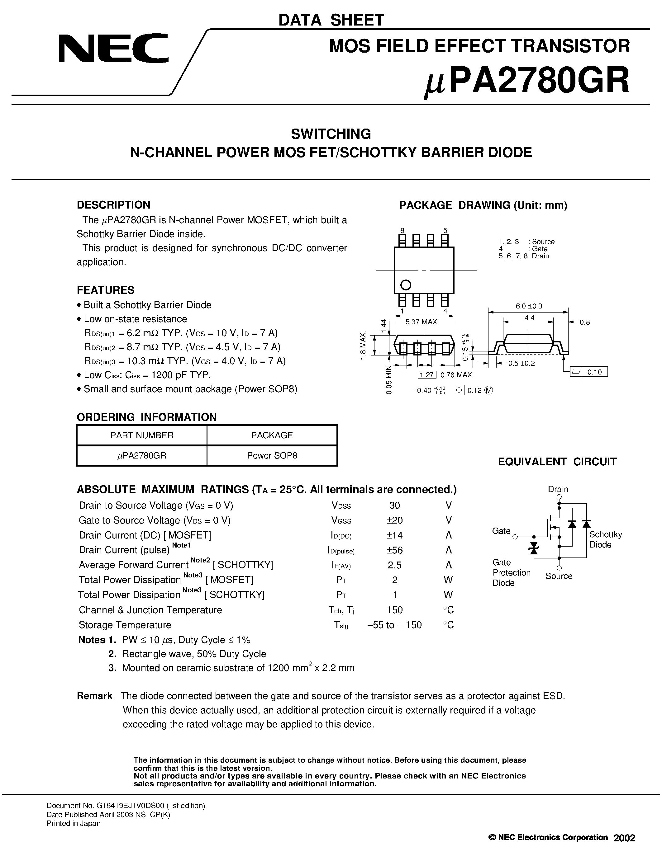 Даташит UPA2780GR - SWITCHING N- AND P-CHANNEL POWER MOS FET страница 1