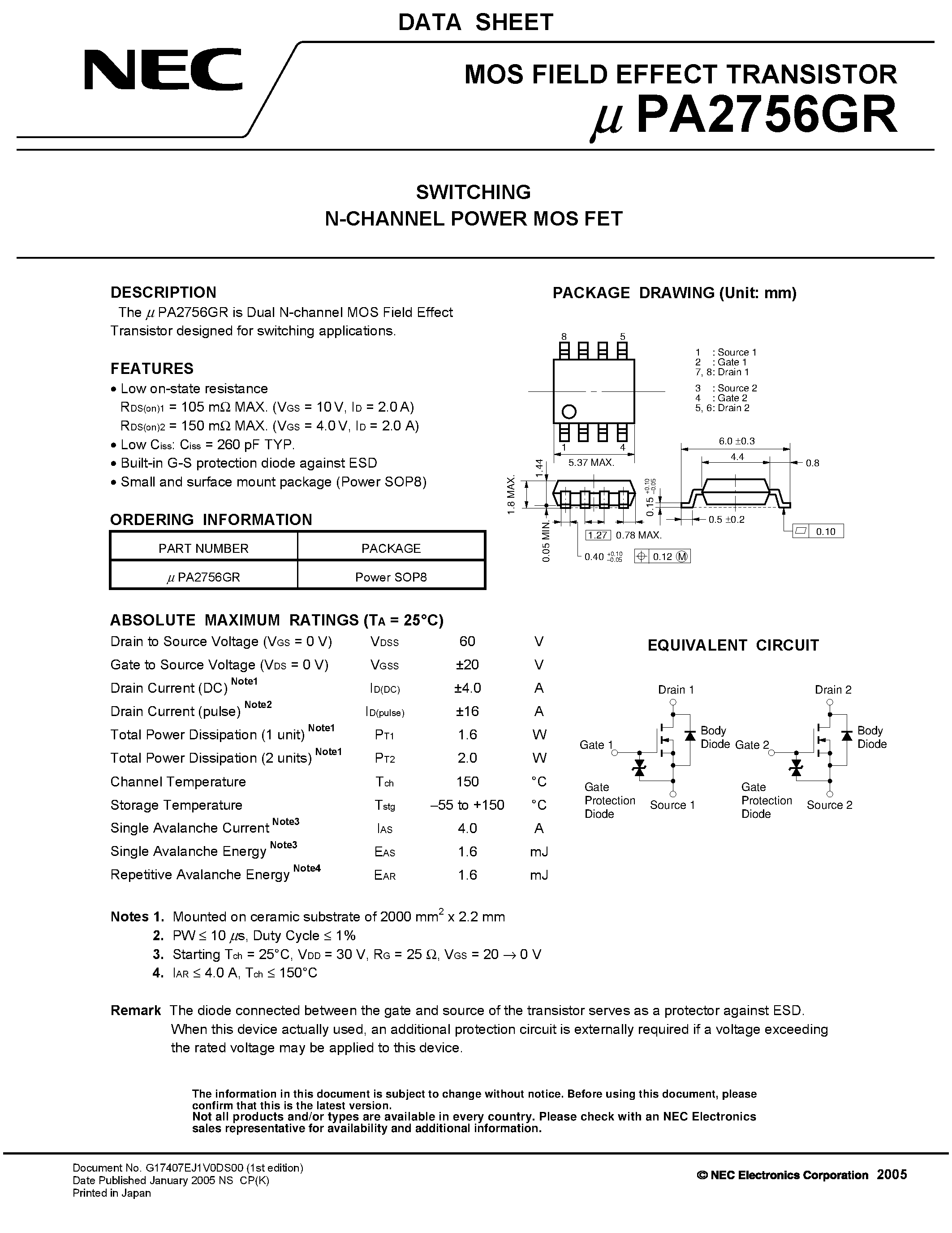 Даташит UPA2756GR - SWITCHING N- AND P-CHANNEL POWER MOS FET страница 1