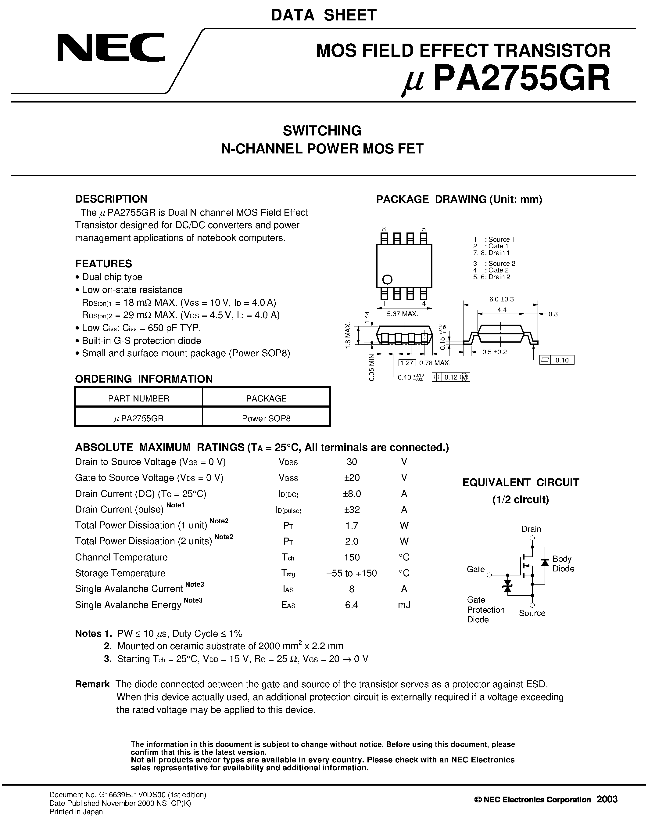 Даташит UPA2755GR - SWITCHING N- AND P-CHANNEL POWER MOS FET страница 1