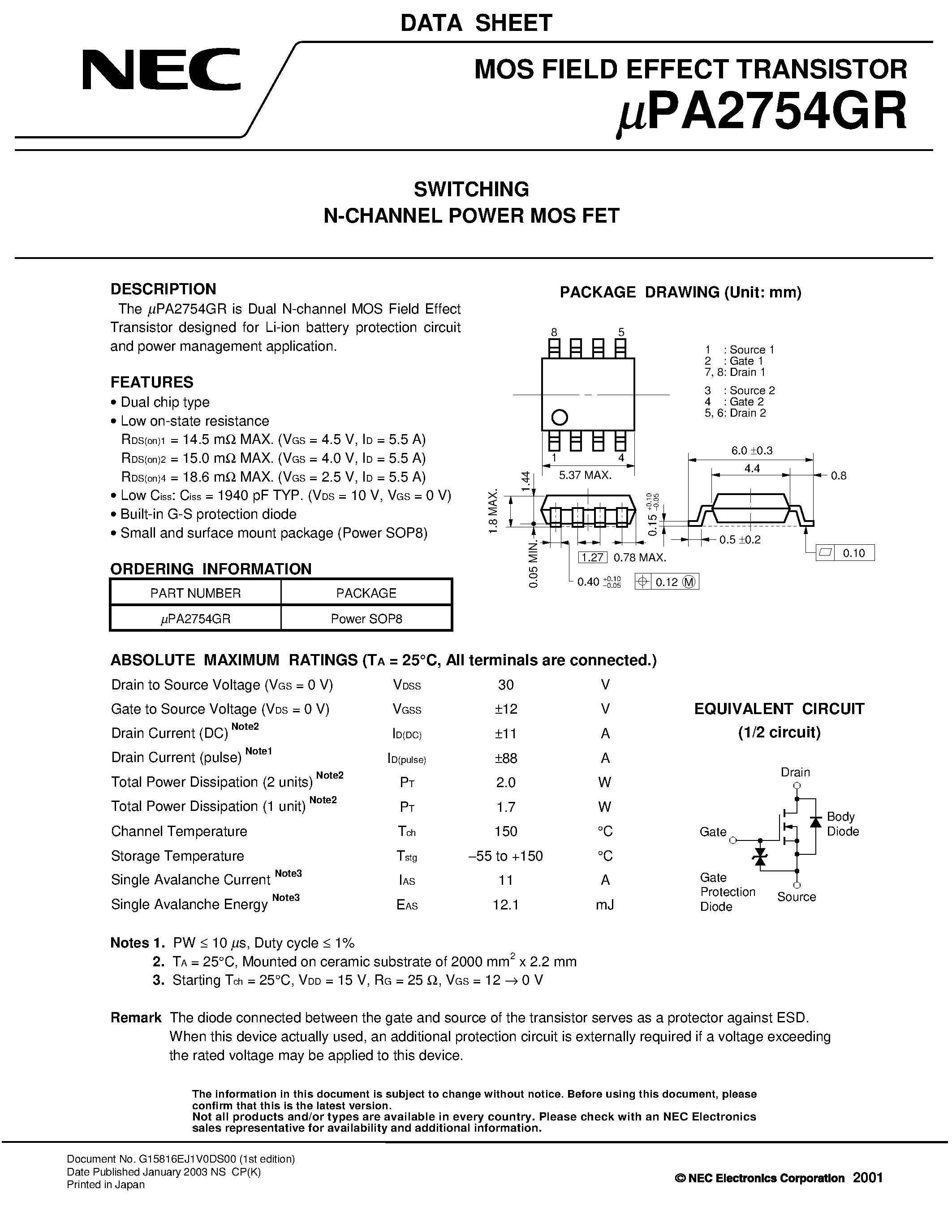 Даташит UPA2754GR - SWITCHING N- AND P-CHANNEL POWER MOS FET страница 1