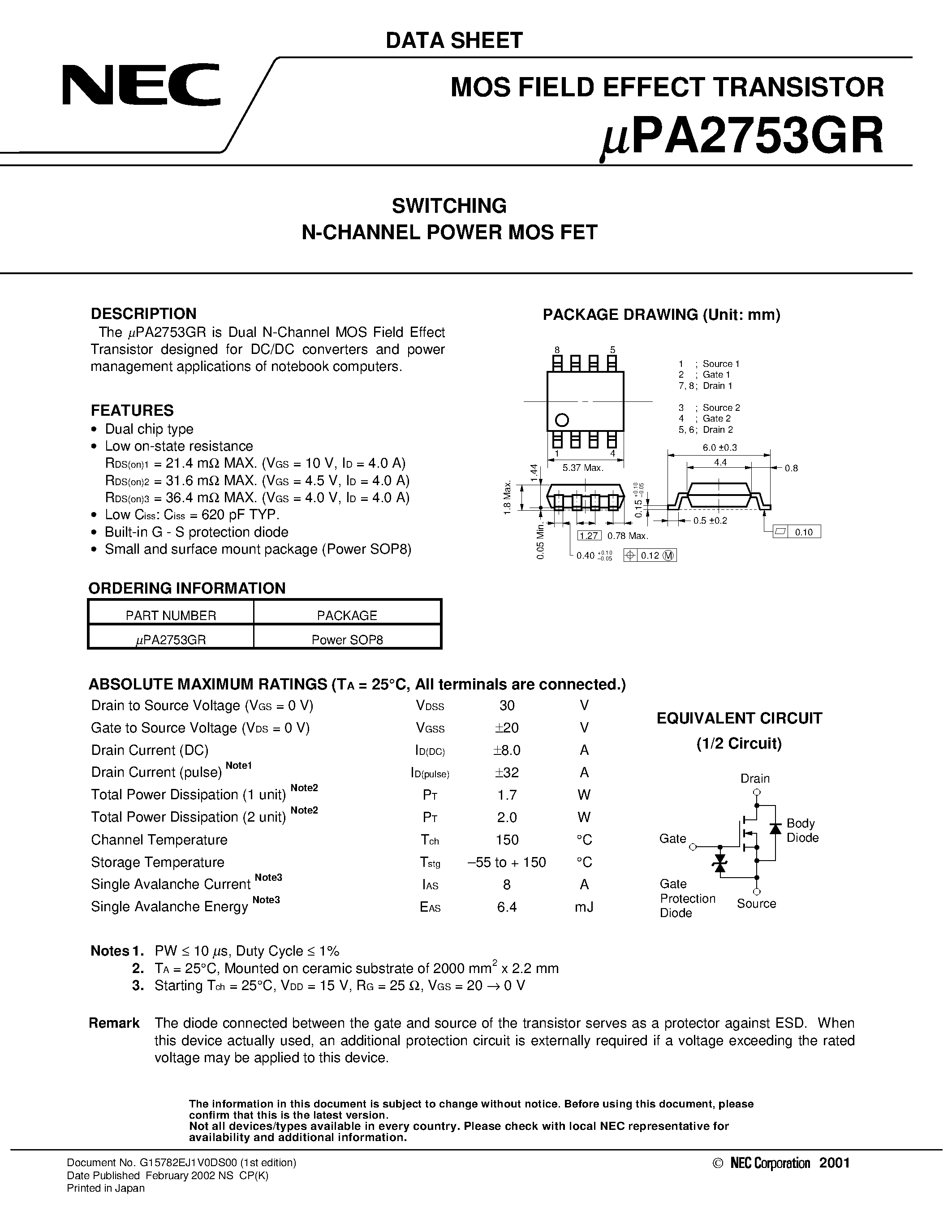 Даташит UPA2753GR - SWITCHING N- AND P-CHANNEL POWER MOS FET страница 1