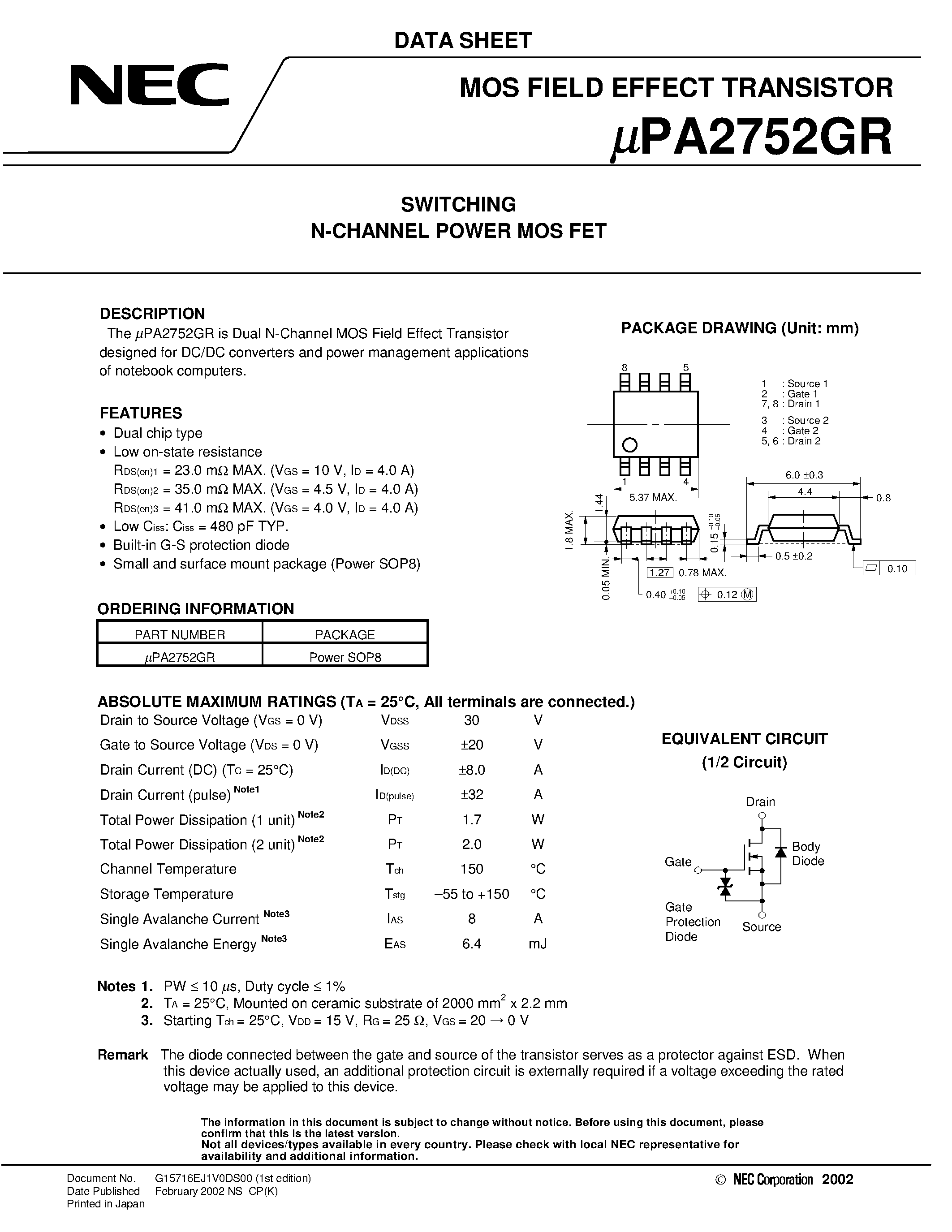 Даташит UPA2752GR - SWITCHING N- AND P-CHANNEL POWER MOS FET страница 1