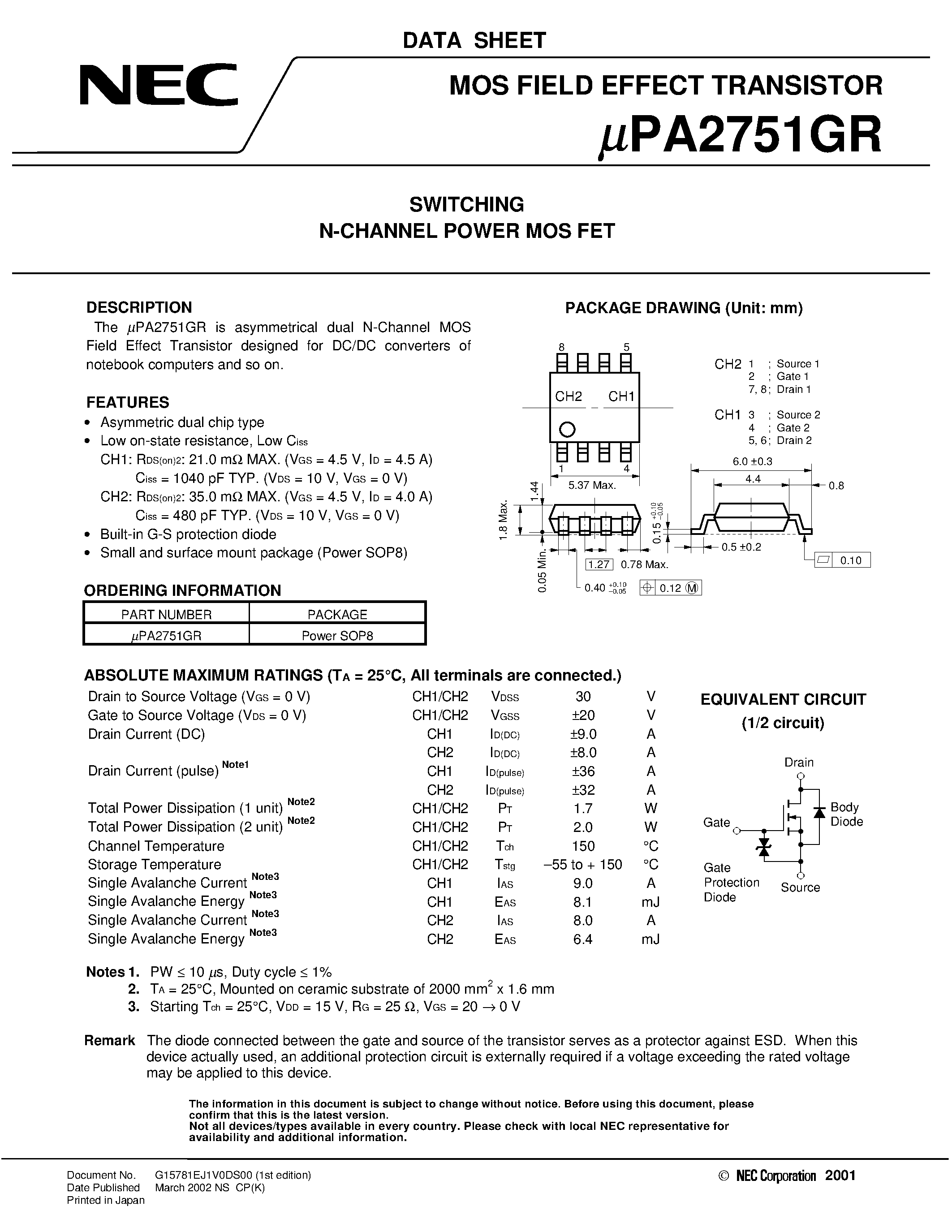 Даташит UPA2751GR - SWITCHING N- AND P-CHANNEL POWER MOS FET страница 1