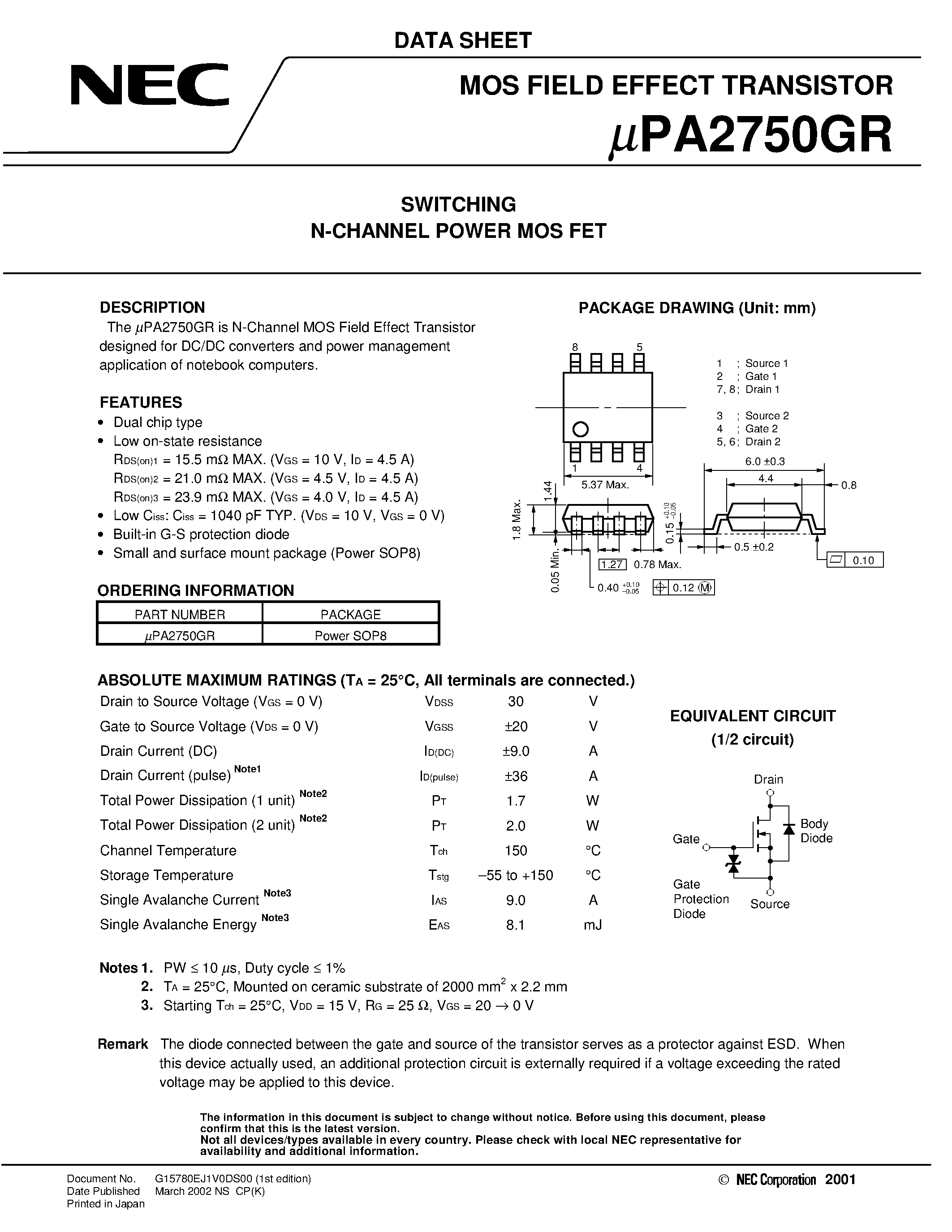 Даташит UPA2750GR - SWITCHING N- AND P-CHANNEL POWER MOS FET страница 1