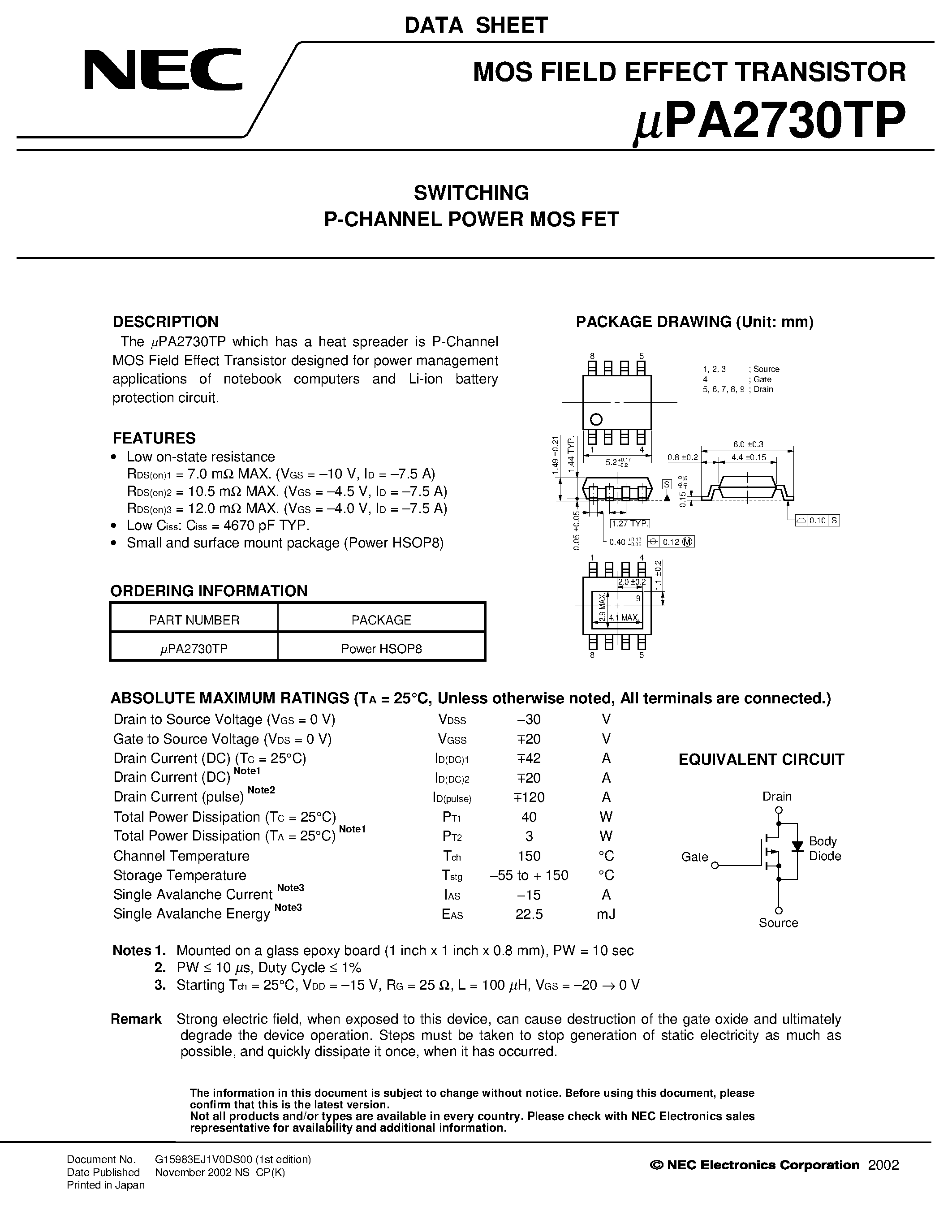 Даташит UPA2730TP - SWITCHING N- AND P-CHANNEL POWER MOS FET страница 1