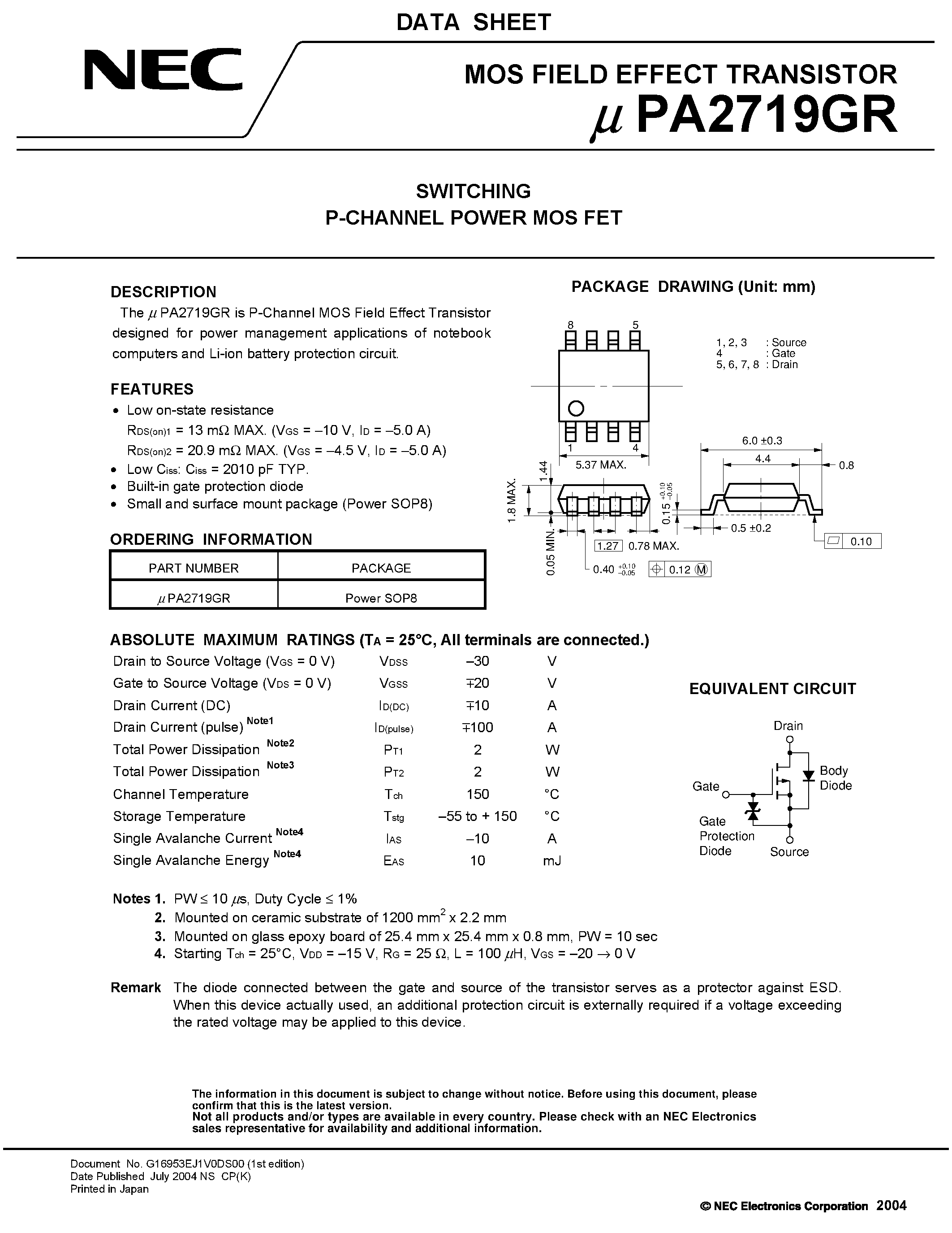 Даташит UPA2719GR - SWITCHING N- AND P-CHANNEL POWER MOS FET страница 1