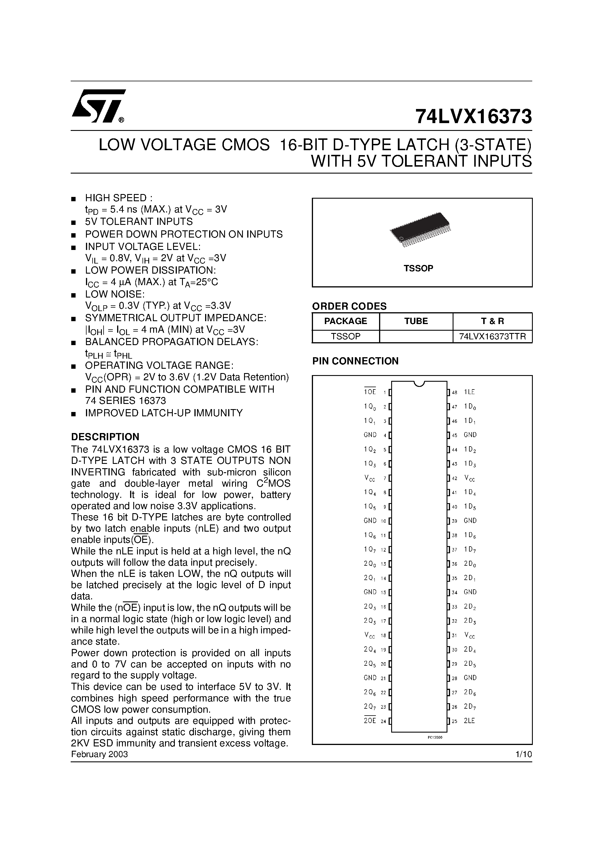 Datasheet 74LVX16373 - LOW VOLTAGE CMOS 16-BIT D-TYPE LATCH (3-STATE) WITH 5V TOLERANT INPUTS page 1