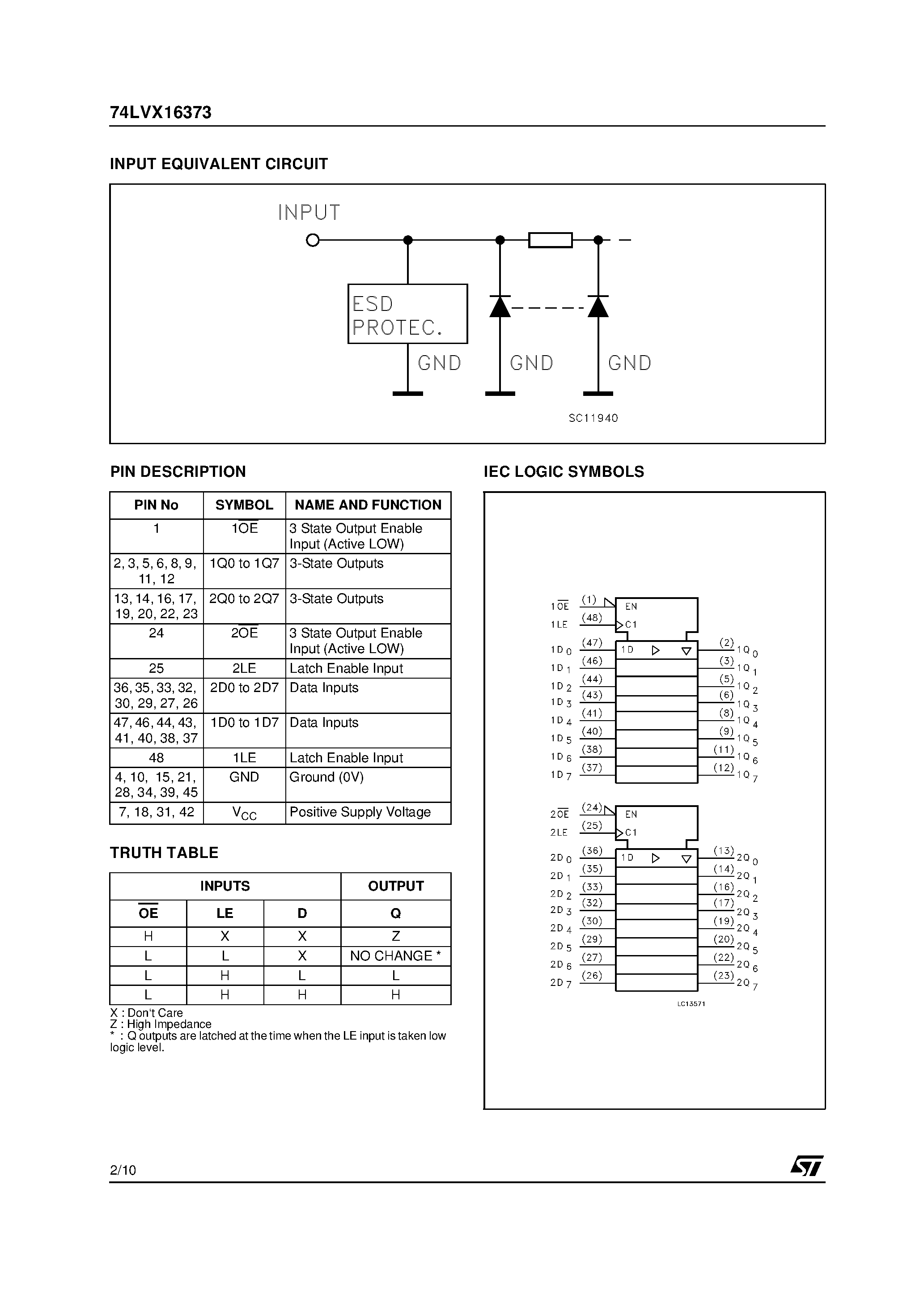 Datasheet 74LVX16373 - LOW VOLTAGE CMOS 16-BIT D-TYPE LATCH (3-STATE) WITH 5V TOLERANT INPUTS page 2