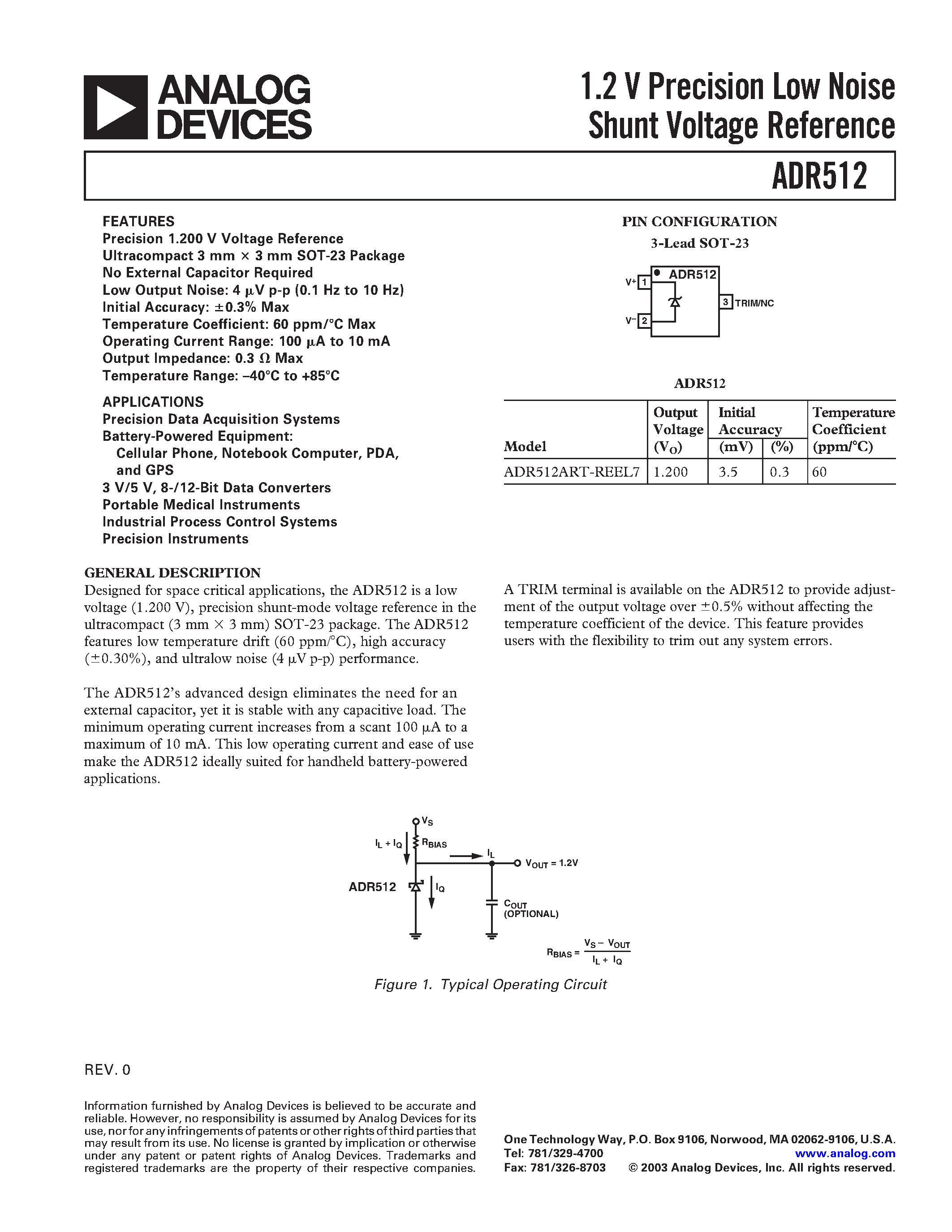 Даташит ADR512 - 1.2 V Precision Low Noise Shunt Voltage Reference страница 1