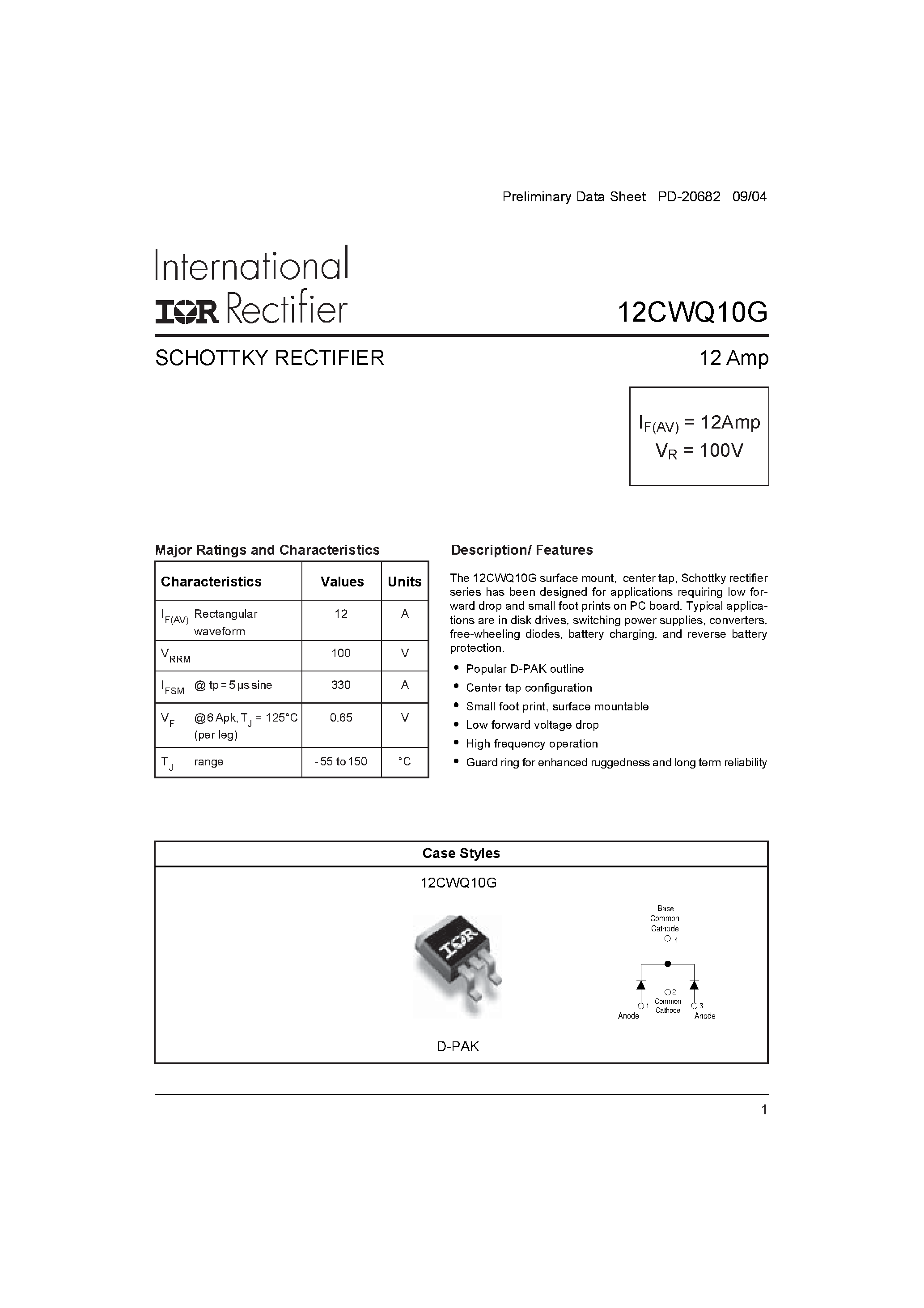 Datasheet 12CWQ10G - Schottky rectifier page 1