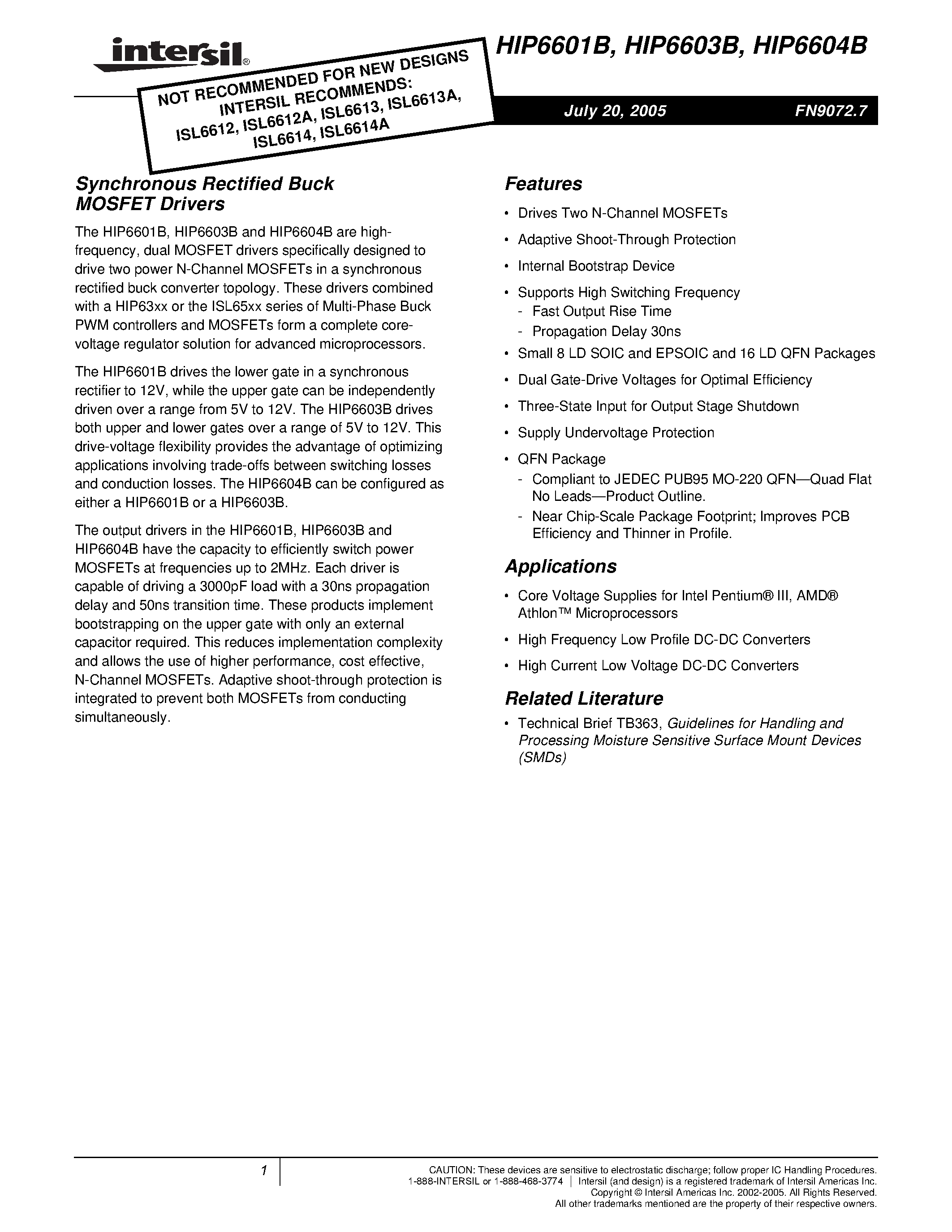 Datasheet HIP6601B - (HIP6601B / HIP6603B / HIP6604B) Synchronous Rectified Buck MOSFET Drivers page 1