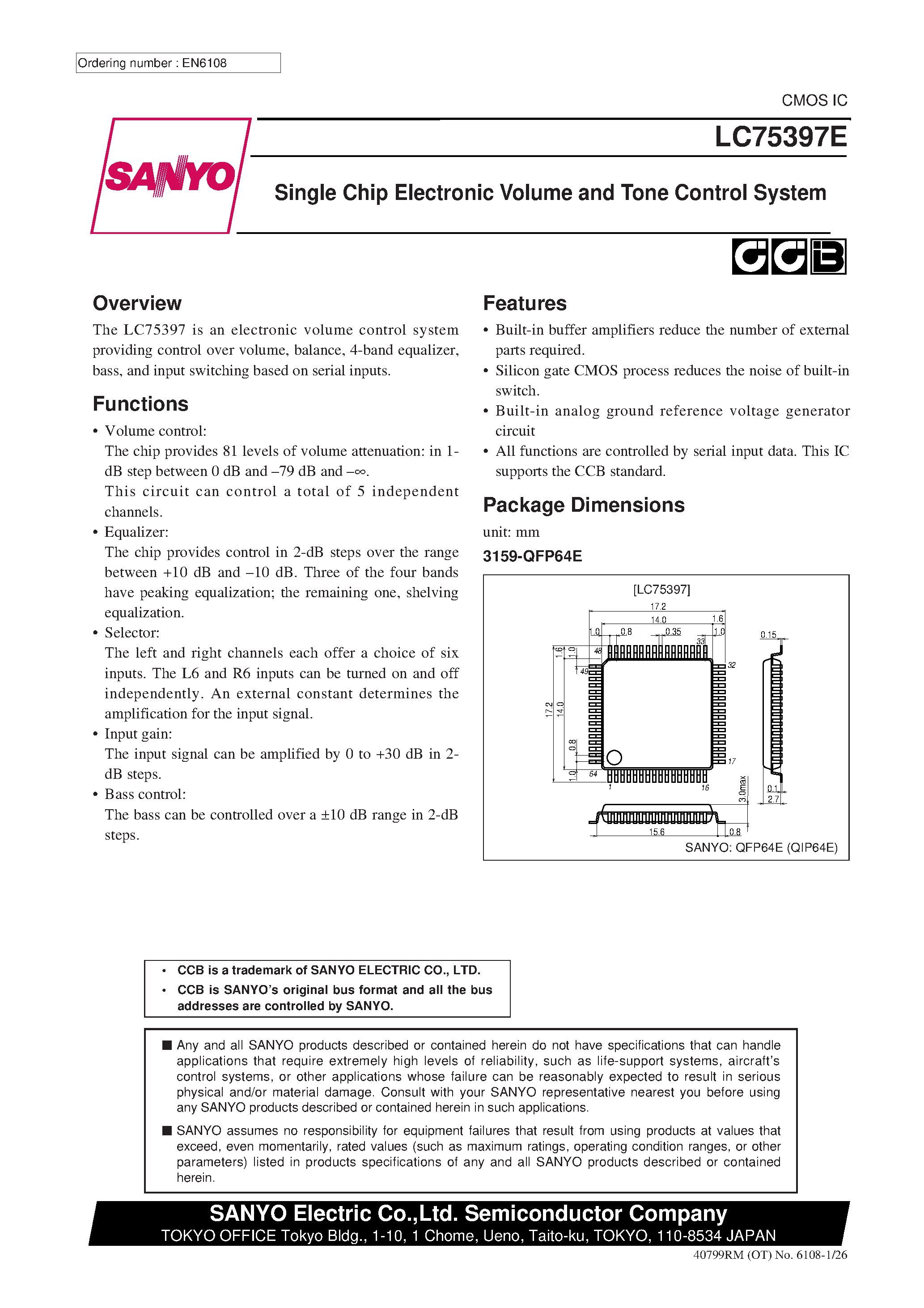 Даташит LC75397E - Single Chip Electronic Volume and Tone Control System страница 1