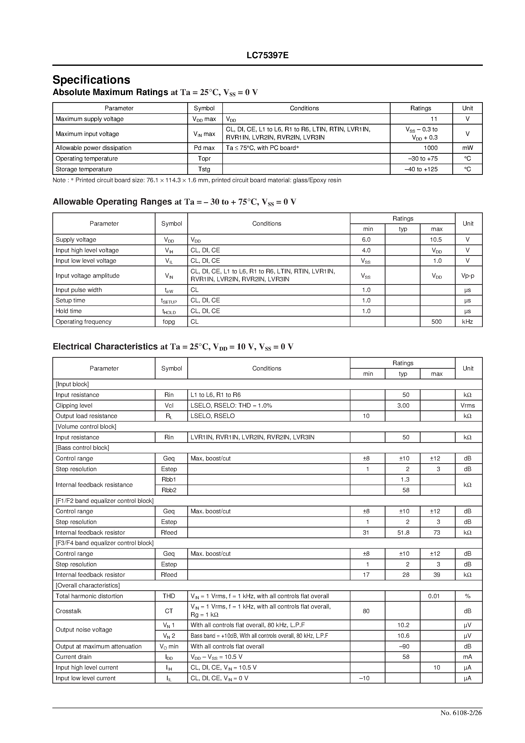 Даташит LC75397E - Single Chip Electronic Volume and Tone Control System страница 2