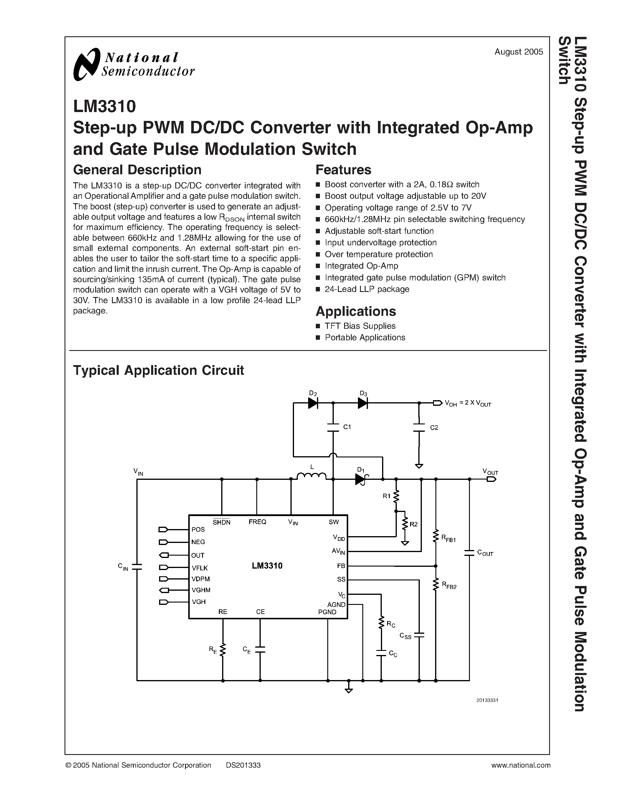 Datasheet LM3310 - Step-up PWM DC/DC Converter with Integrated Op-Amp and Gate Pulse Modulation Switch page 1