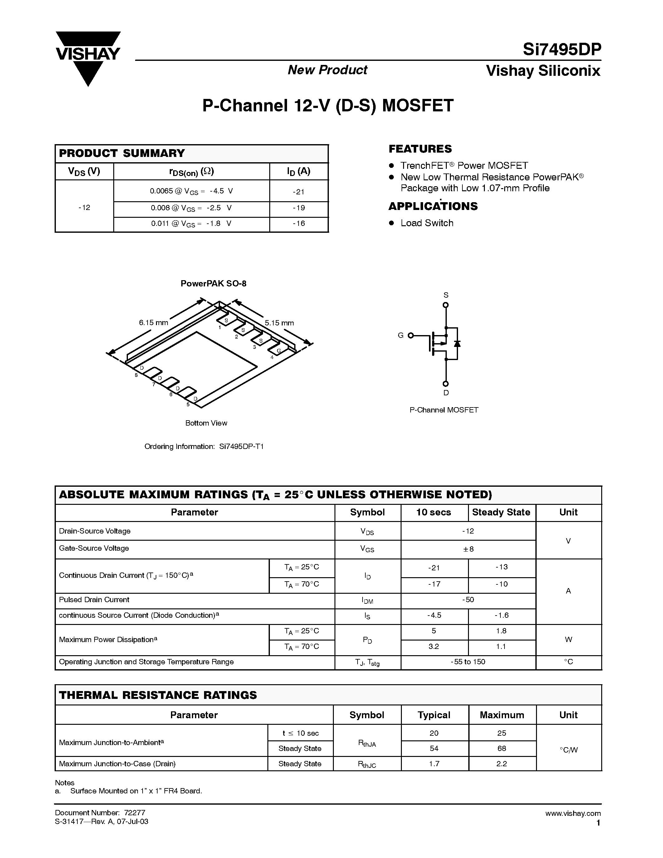 Даташит SI7495DP - P-Channel 12-V (D-S) MOSFET страница 1