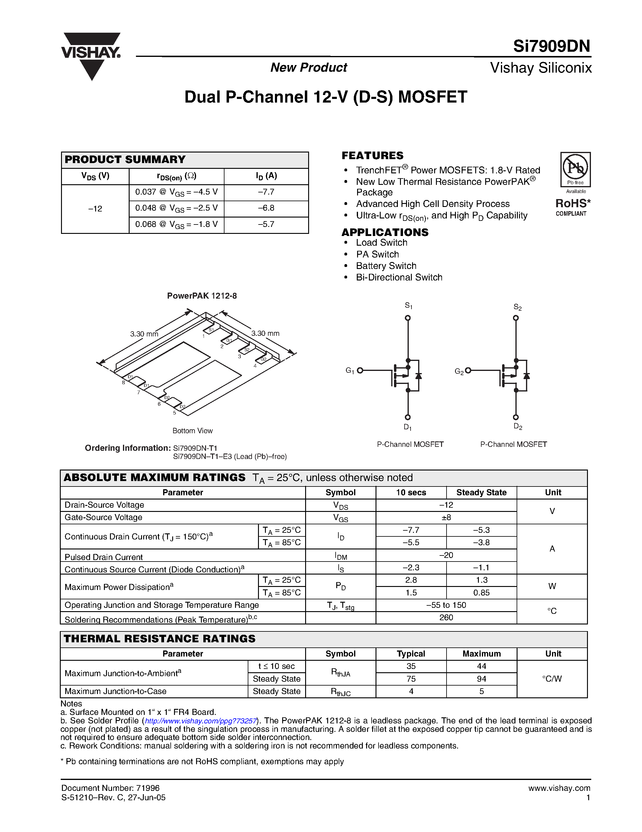 Даташит SI7909DN - Dual P-Channel 12-V (D-S) MOSFET страница 1