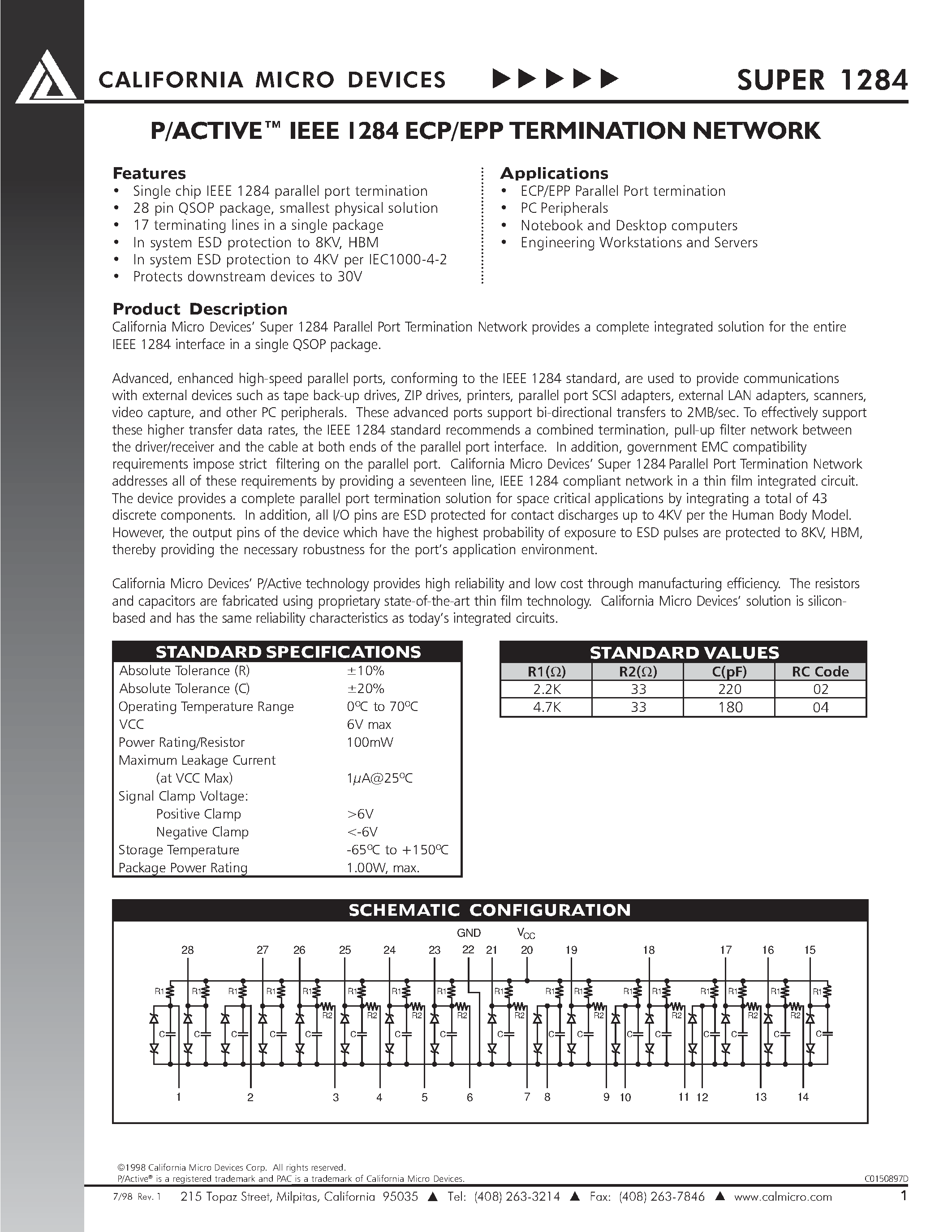 Даташит SUPER1284 - P/ACTIVE IEEE 1284 ECP/EPP TERMINATION NETWORK страница 1