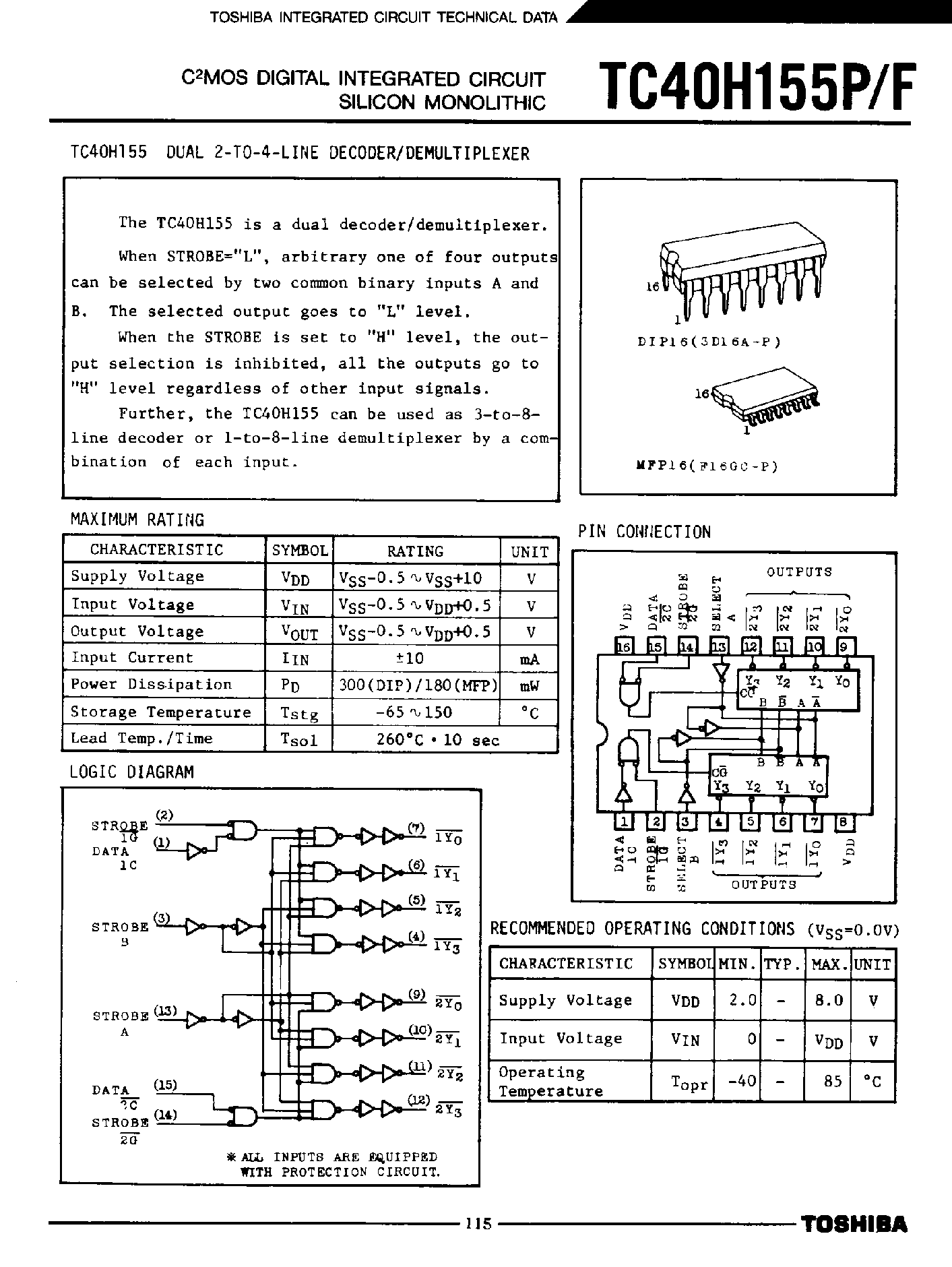 Даташит TC40H155 - CMOS DIGITAL INTEGRATED CIRCUIT CILICON MONOLITHIC страница 1