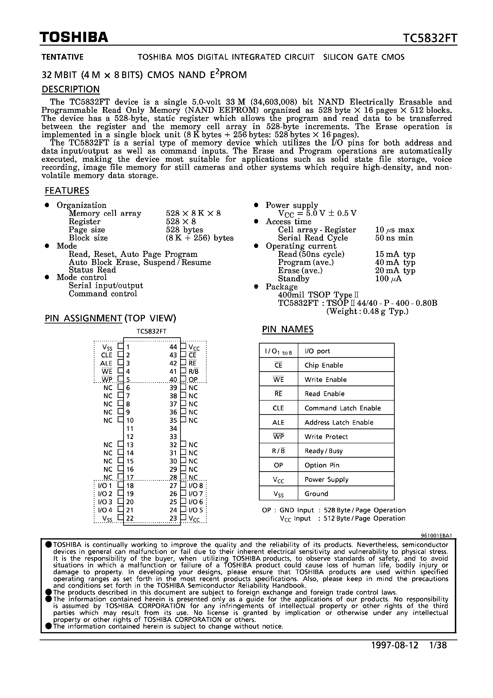 Datasheet TC5832FT - 32 MBIT (4M X 8 BITS) CMOS NAND E2PROM page 1