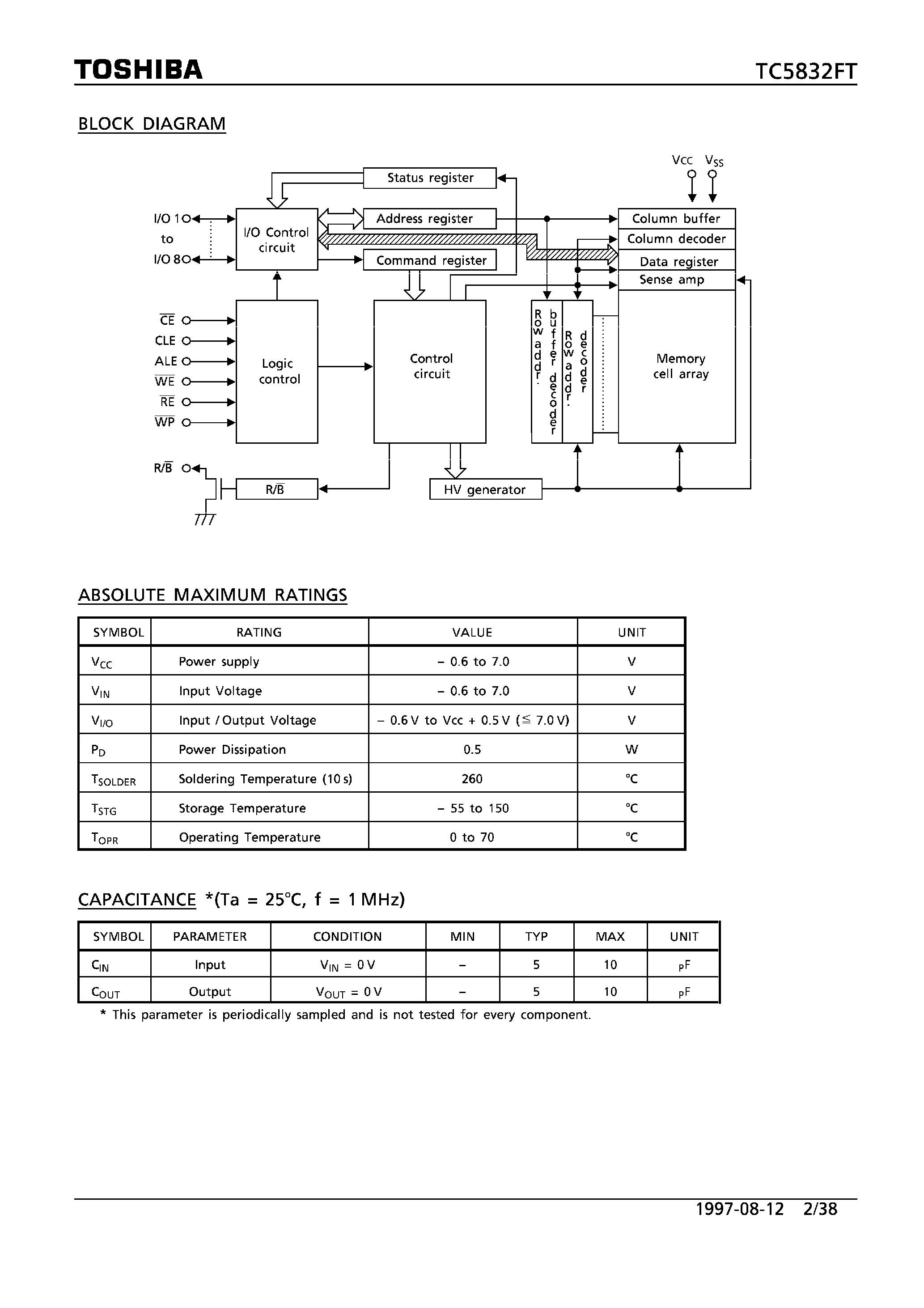 Datasheet TC5832FT - 32 MBIT (4M X 8 BITS) CMOS NAND E2PROM page 2