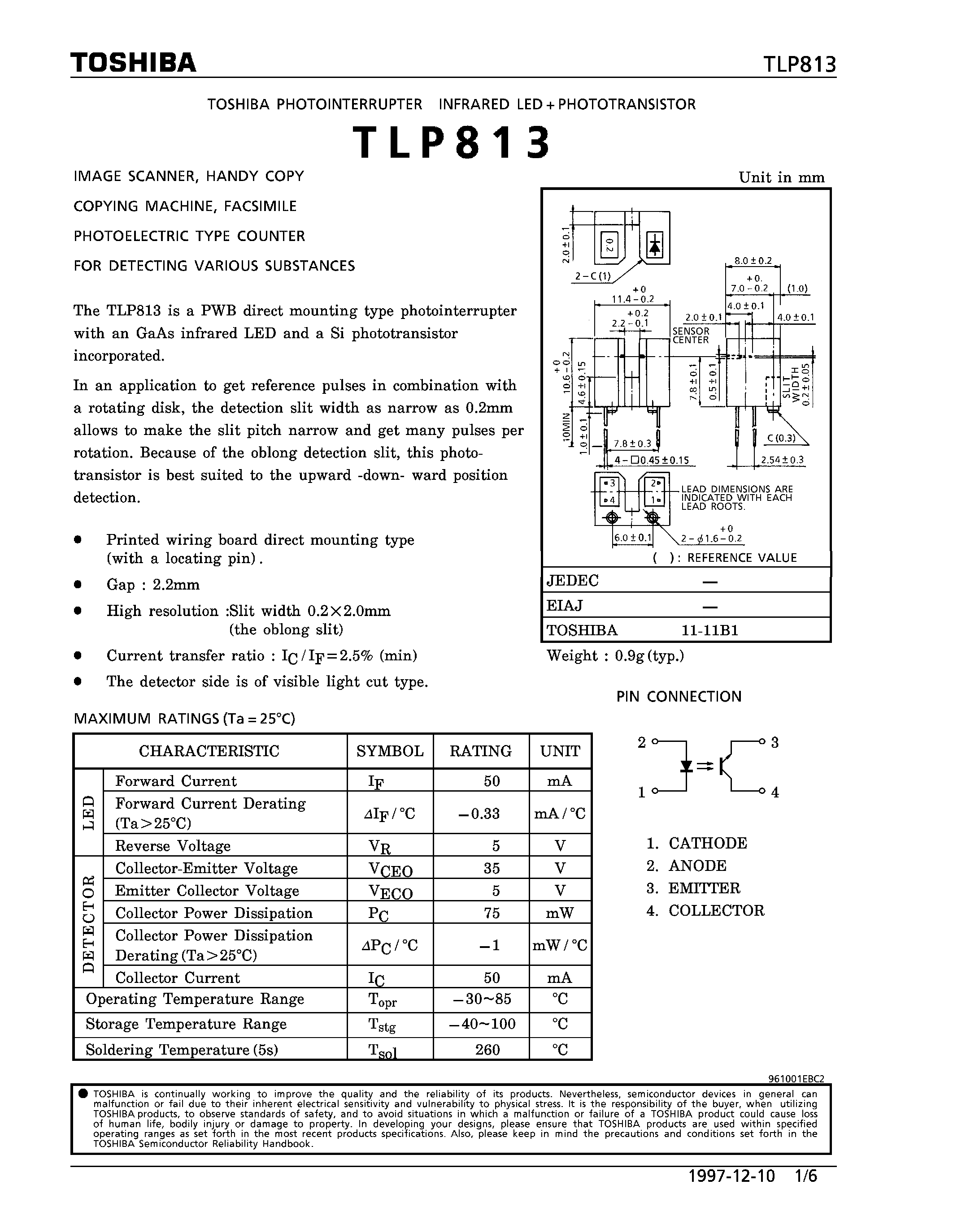 Даташит TLP813 - PHOTOINTERRUPTER INFRARED LED PHOTOTRANSISTOR страница 1