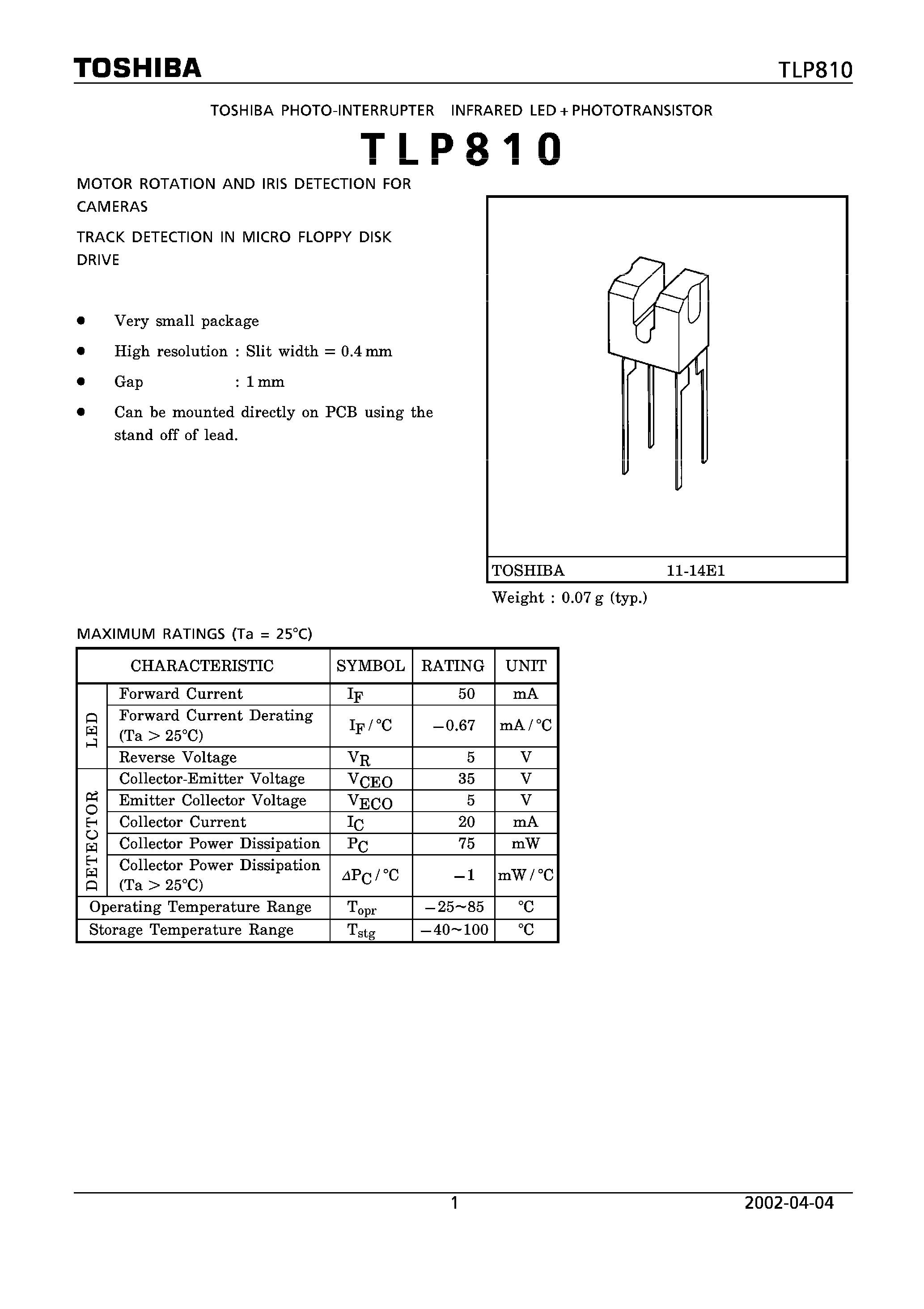 Даташит TLP810 - PHOTO INTERRUPTER INFRARED LED + PHOTOTRANSISTOR страница 1