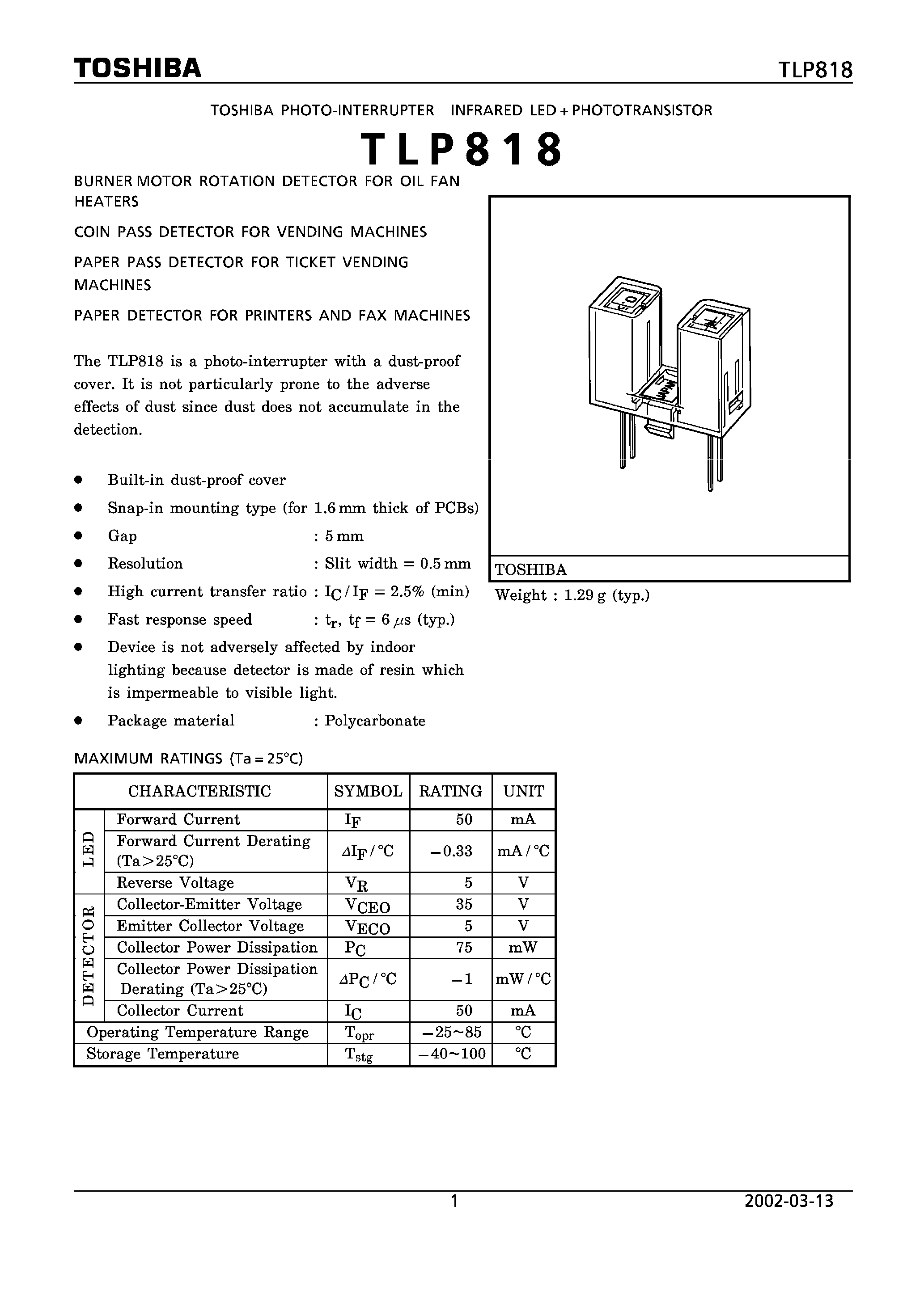 Даташит TLP818 - PHOTOINTERRUPTER INFRARED LED PHOTOTRANSISTOR страница 1