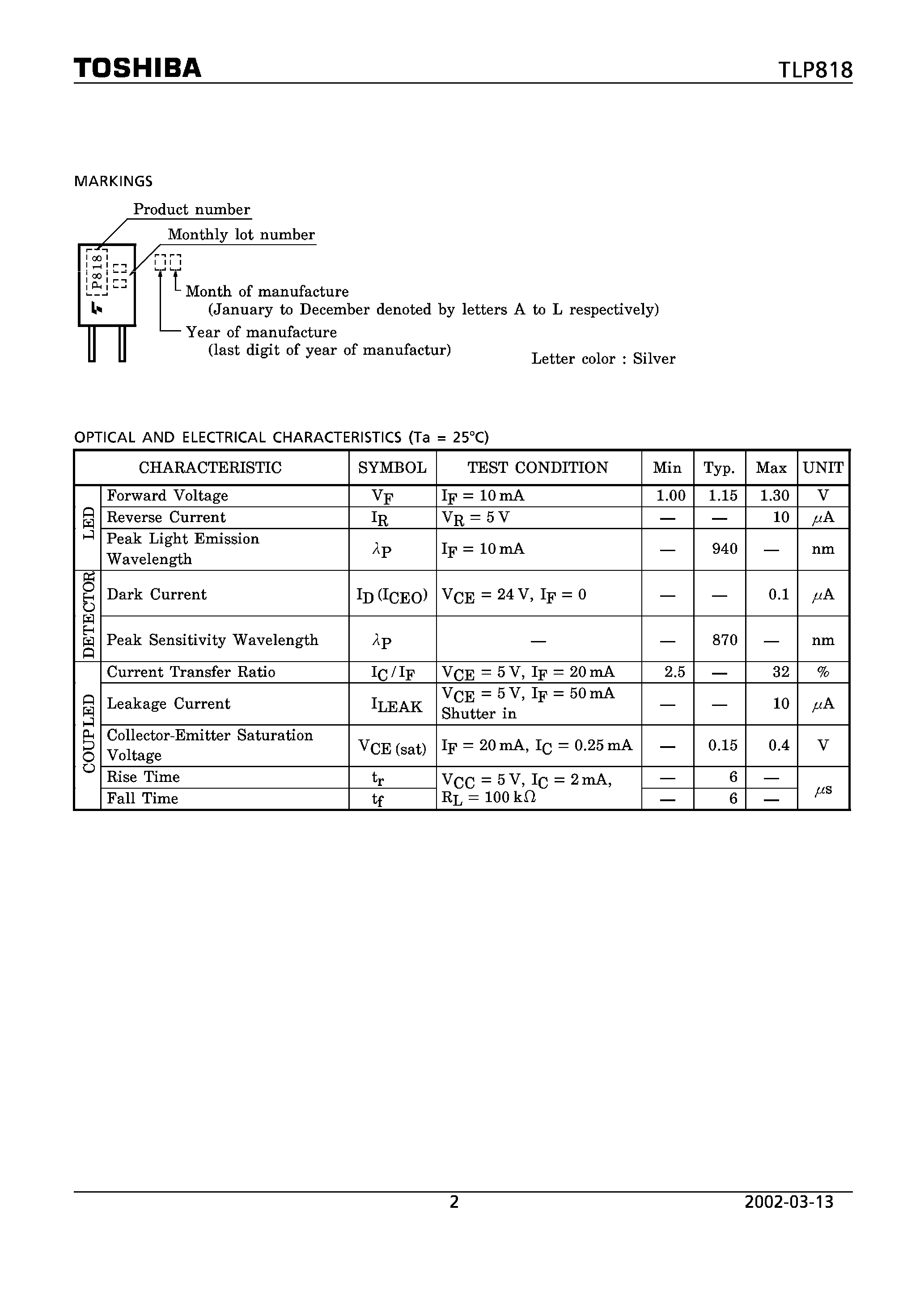 Даташит TLP818 - PHOTOINTERRUPTER INFRARED LED PHOTOTRANSISTOR страница 2