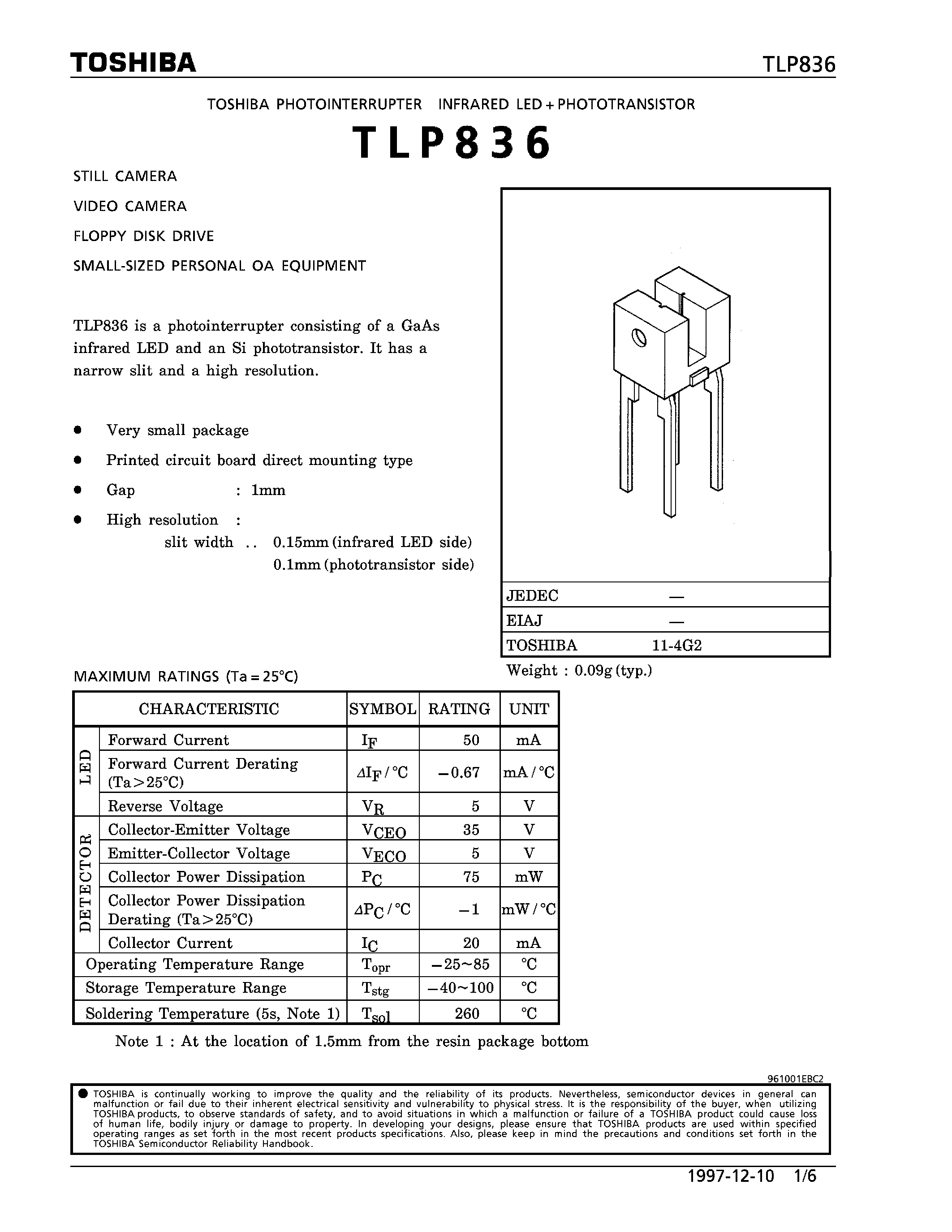 Даташит TLP836 - PHOTOINTERRUPTER INFRARED LED PHOTOTRANSISTOR страница 1