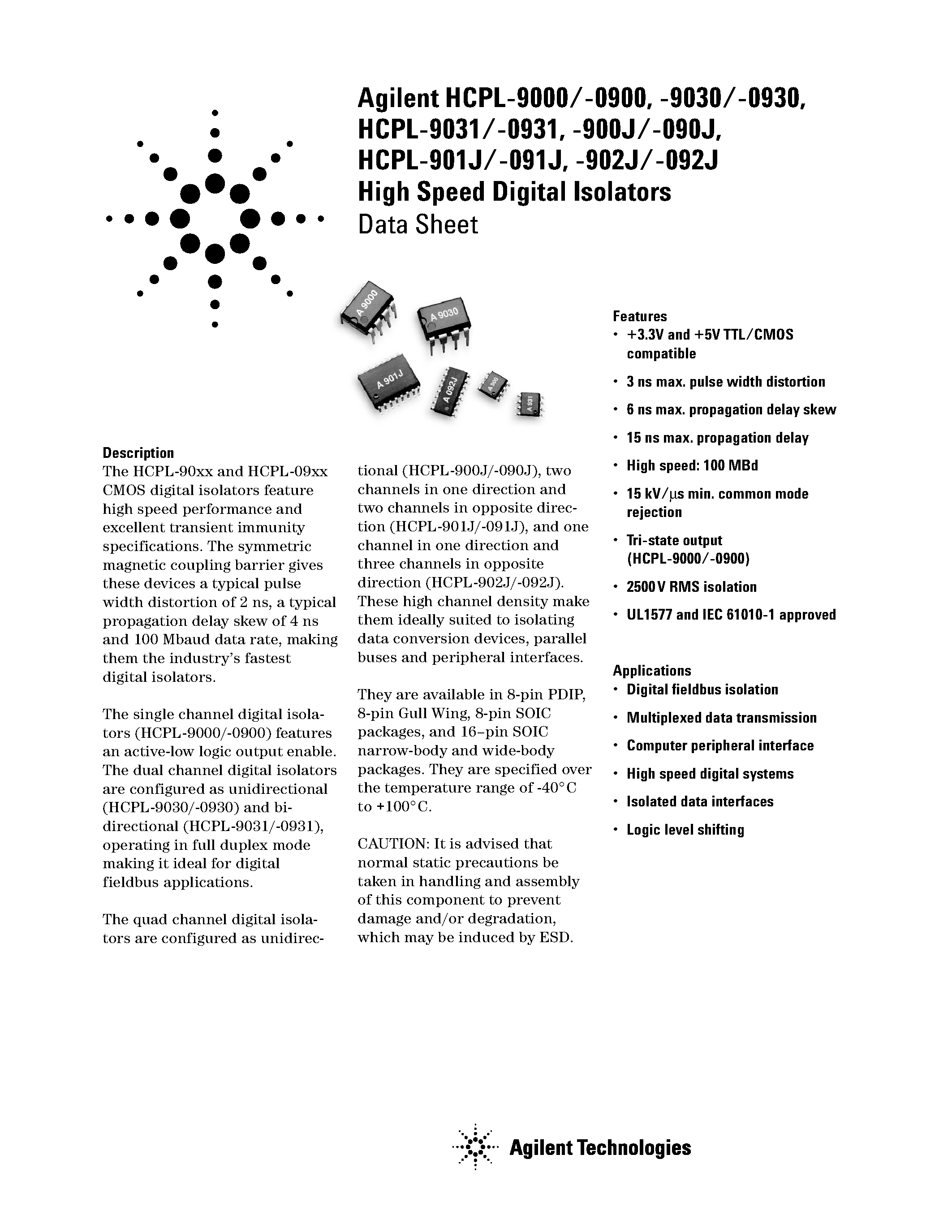 Datasheet HCPL-90xx - High Speed Digital Isolators page 1