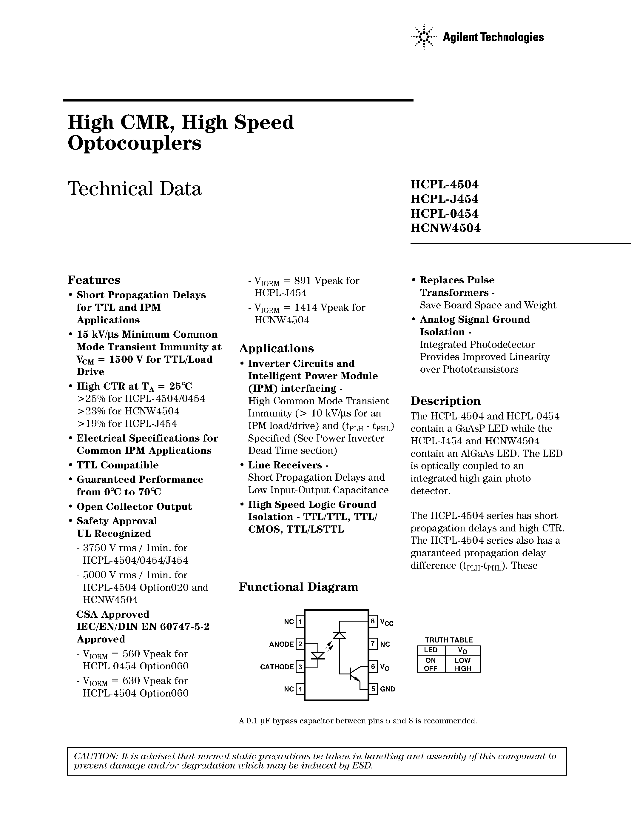 Datasheet HCPL-J454 - High CMR / High Speed Optocouplers page 1