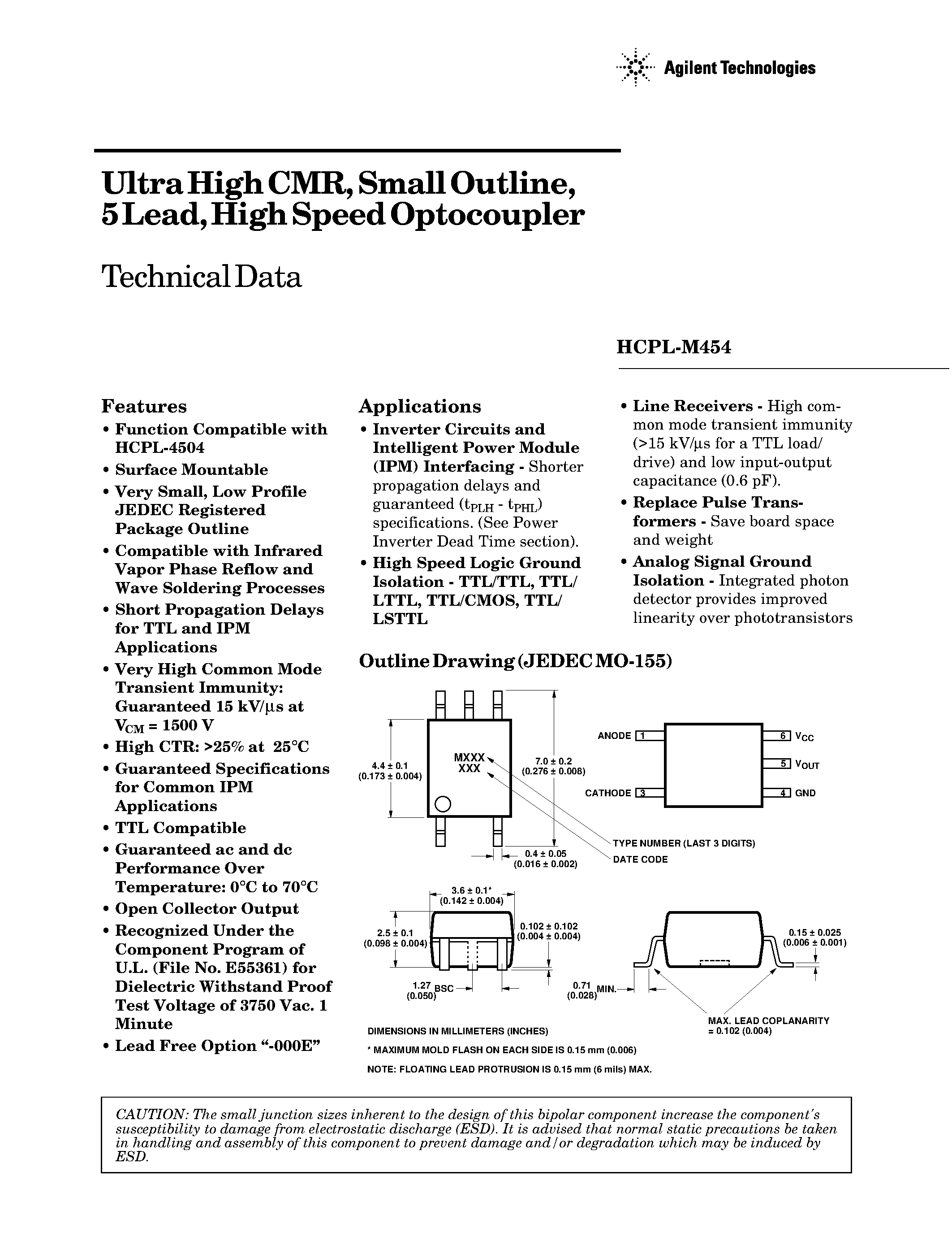 Datasheet HCPL-M454 - Ultra High CMR / Small Outline / 5 Lead / High Speed Optocoupler page 1