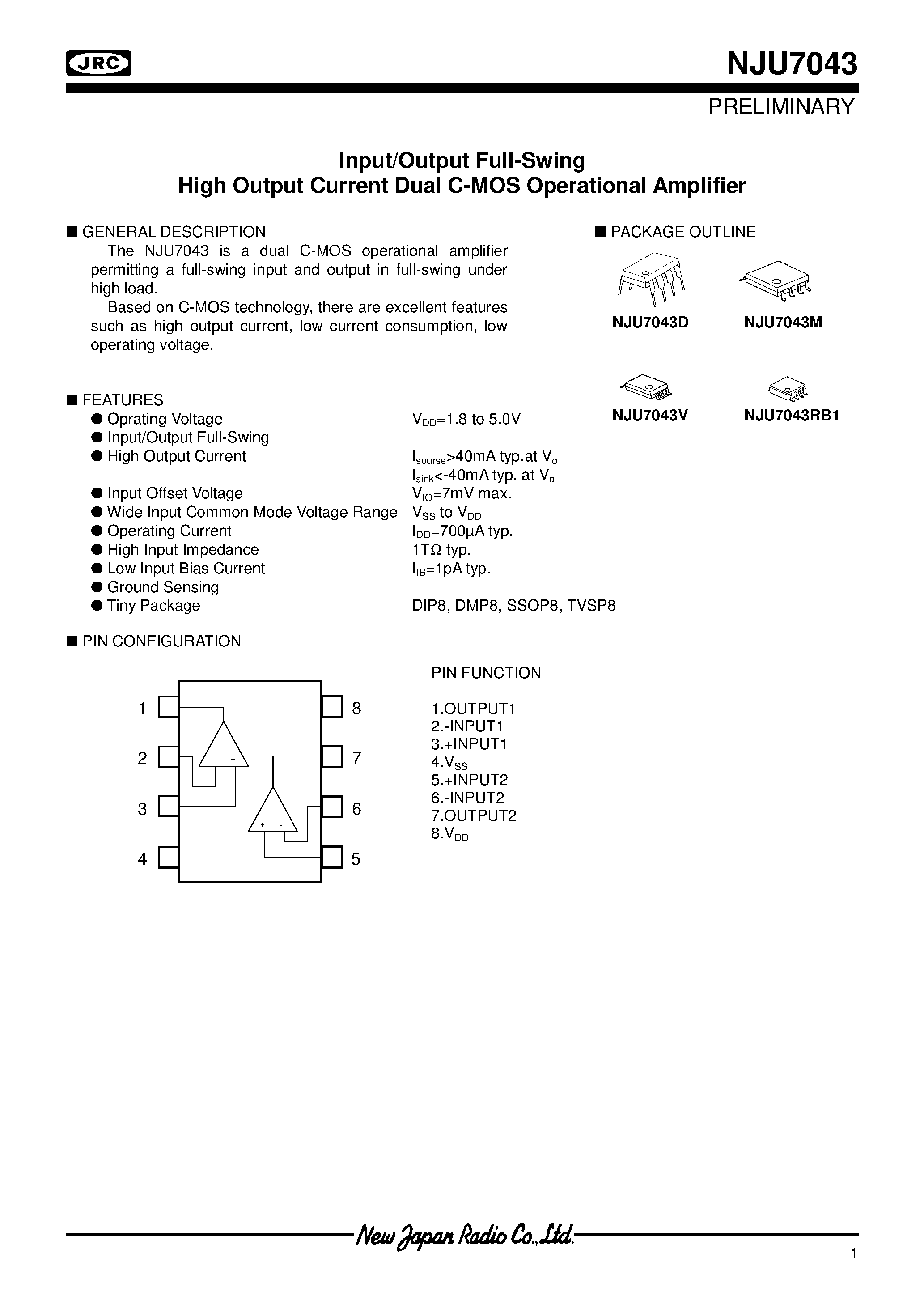 Datasheet NJU7043 - Input/Output Full-Swing High Output Current Dual C-MOS Operational Amplifier page 1