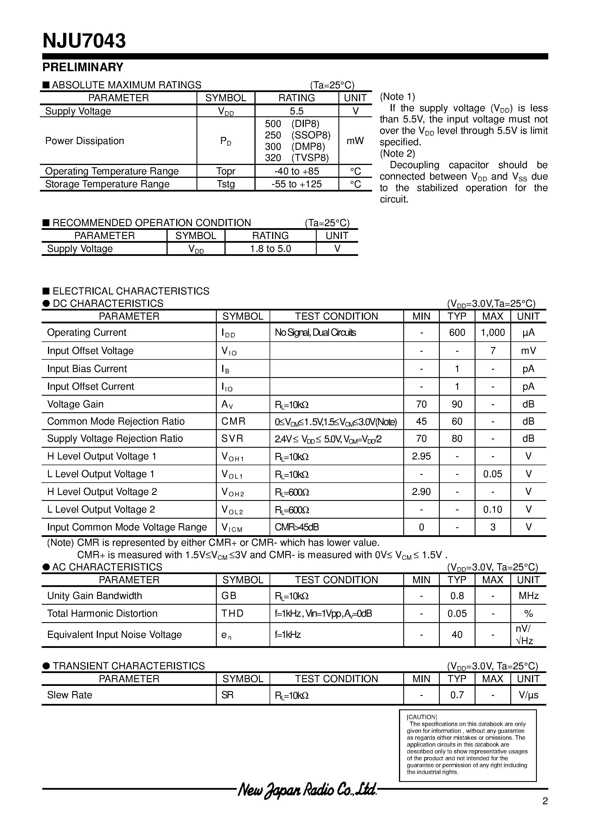 Datasheet NJU7043 - Input/Output Full-Swing High Output Current Dual C-MOS Operational Amplifier page 2