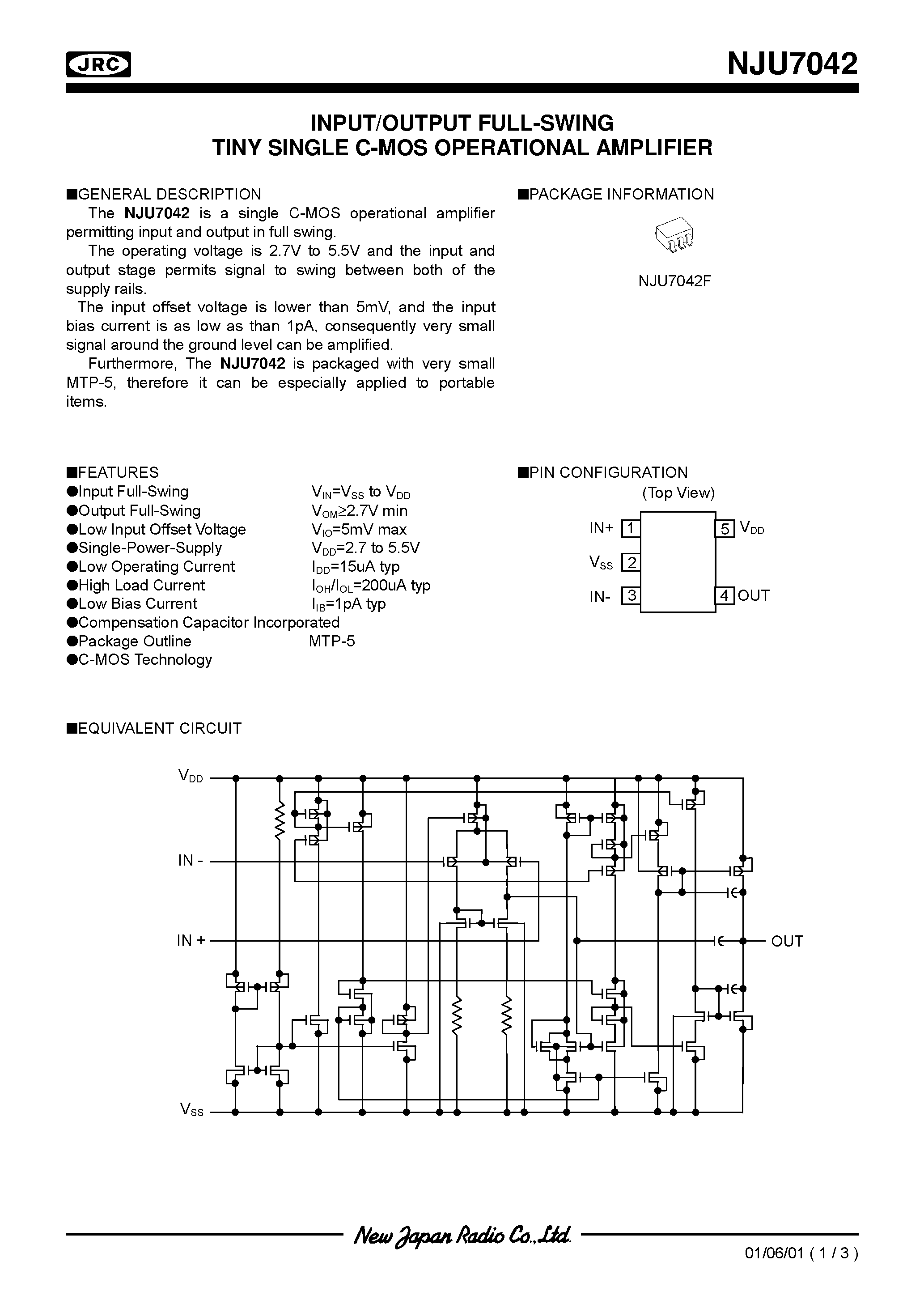 Datasheet NJU7042 - INPUT/OUTPUT FULL-SWING TINY SINGLE C-MOS OPERATIONAL AMPLIFIER page 1