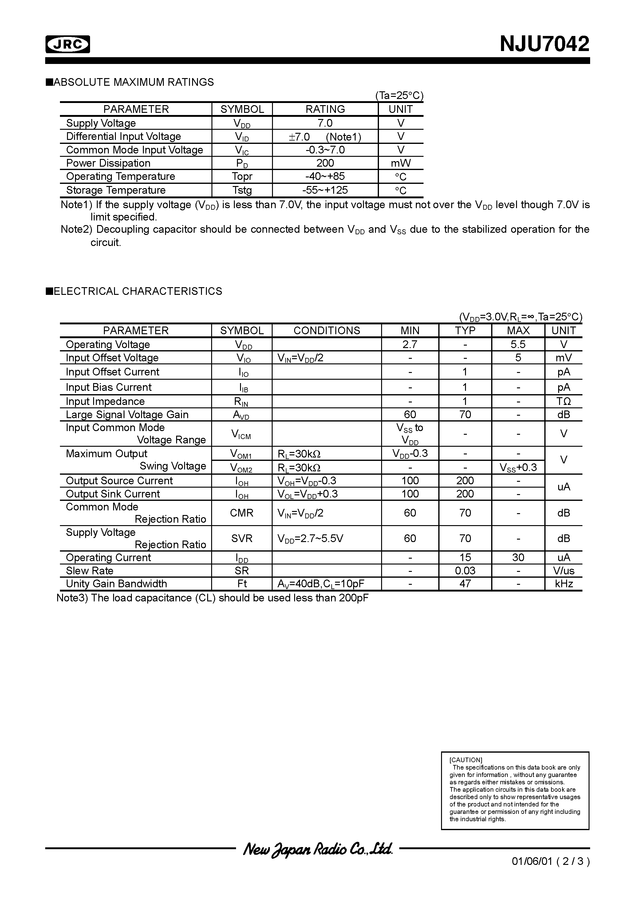 Datasheet NJU7042 - INPUT/OUTPUT FULL-SWING TINY SINGLE C-MOS OPERATIONAL AMPLIFIER page 2