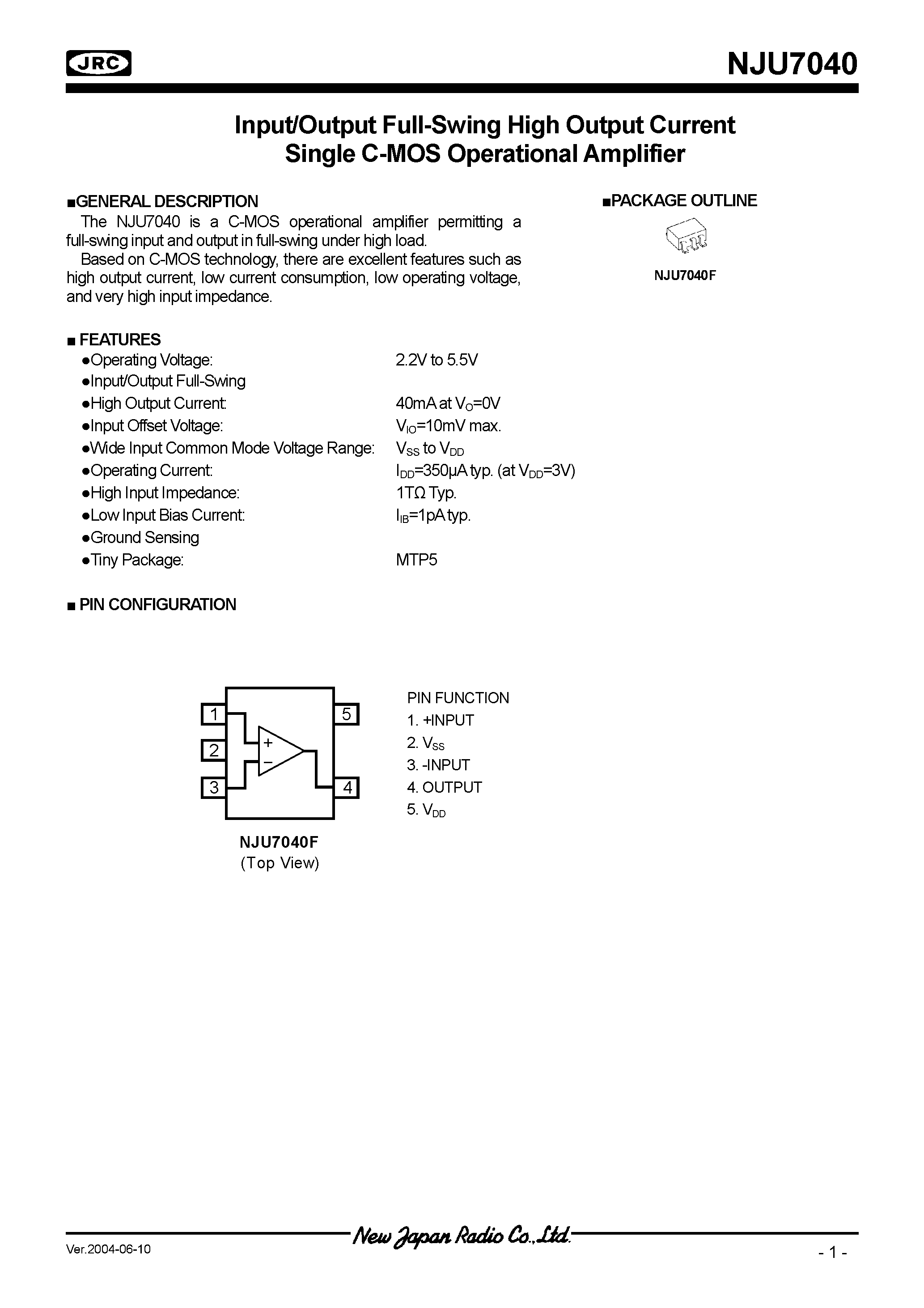 Datasheet NJU7040 - Input/Output Full-Swing High Output Current Single C-MOS Operational Amplifier page 1