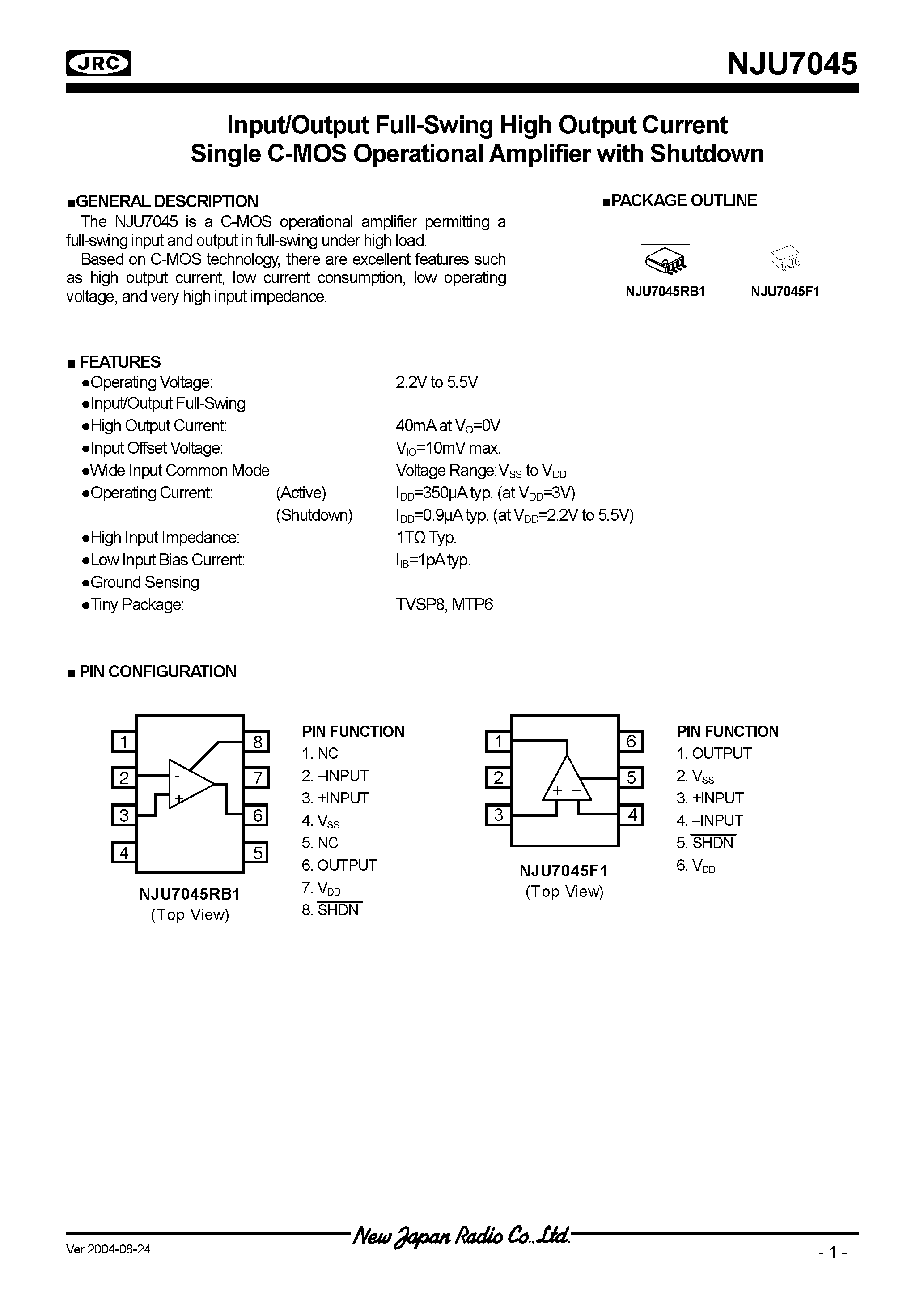 Datasheet NJU7045 - Input/Output Full-Swing High Output Current Single C-MOS Operational Amplifier with Shutdown page 1