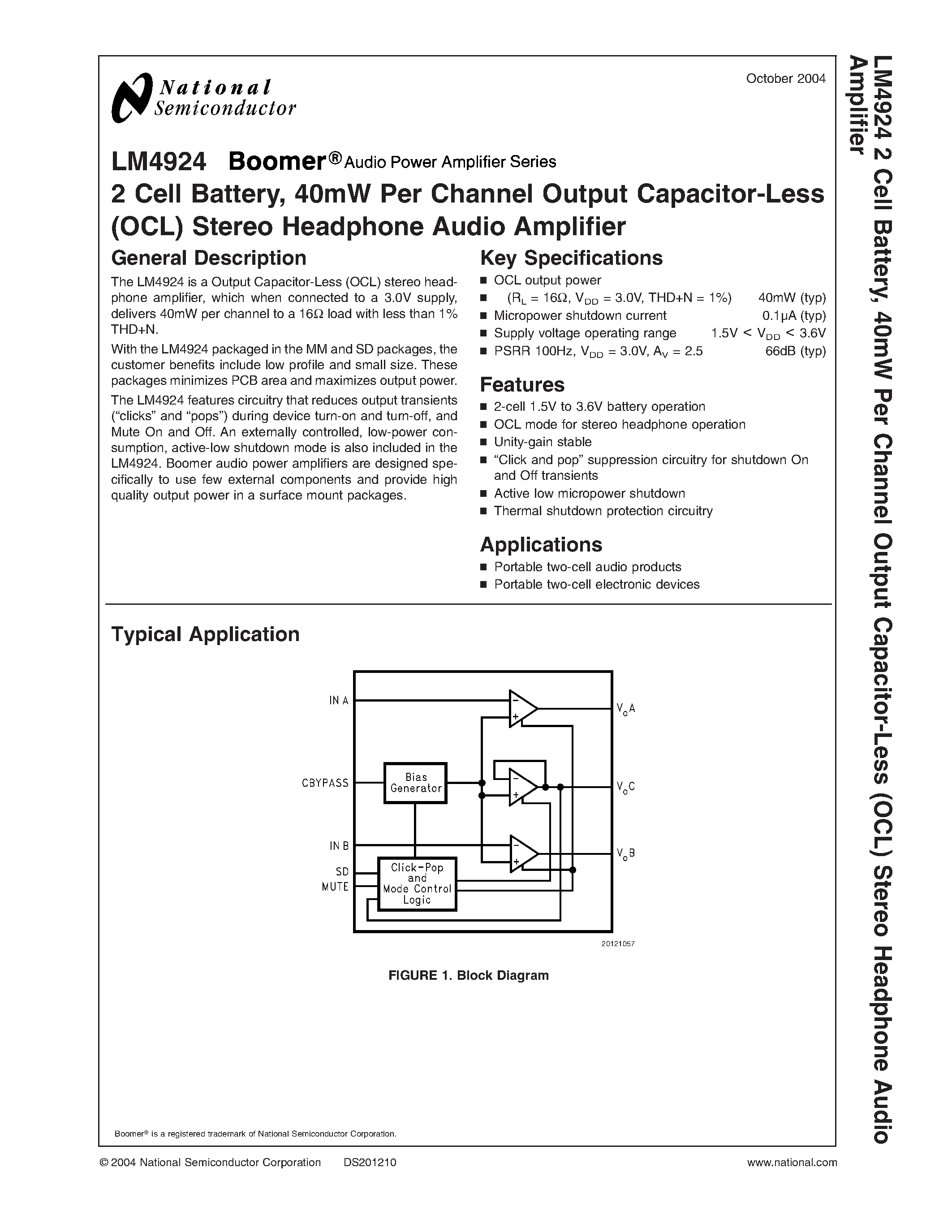 Даташит LM4924 - 2 Cell Battery / 40mW Per Channel Output Capacitor-Less(OCL) Stereo Headphone Audio Amplifier страница 1