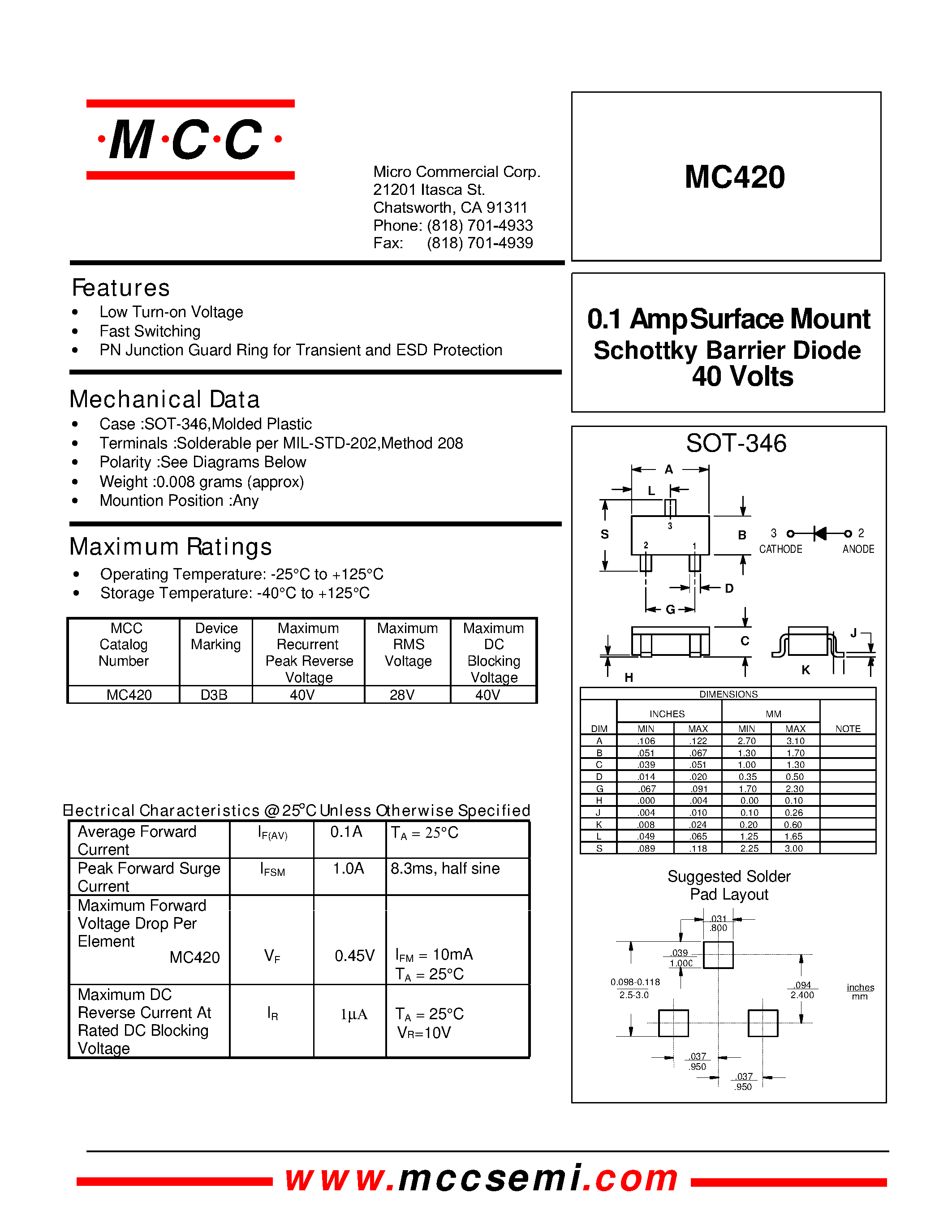 Datasheet MC420 - 40 Volts 0.1 Amp Surface Mount Schottky Barrier Diode page 1