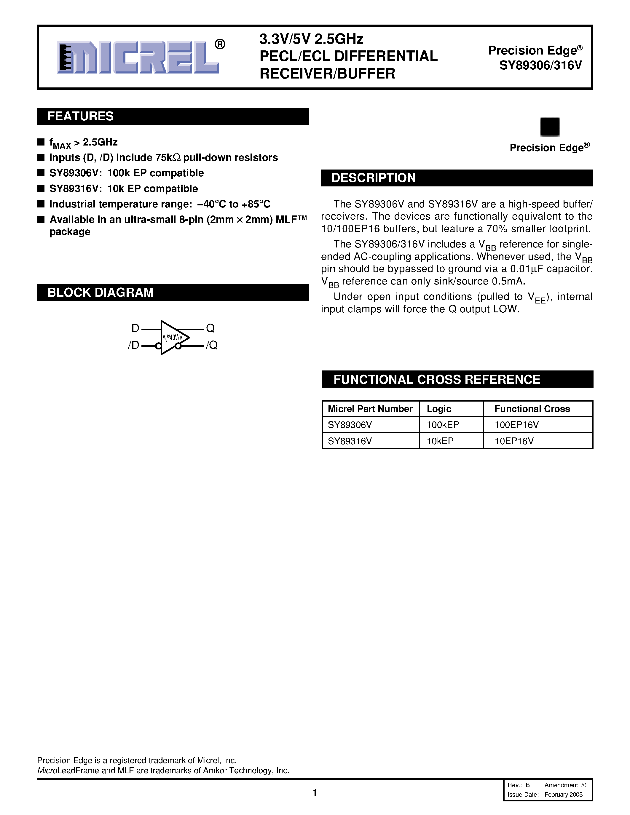 Даташит SY89316V - 3.3V / 5V 2.5 GHZ PECL/ECL DIFFERENTIAL RECEIVER/BUFFER страница 1