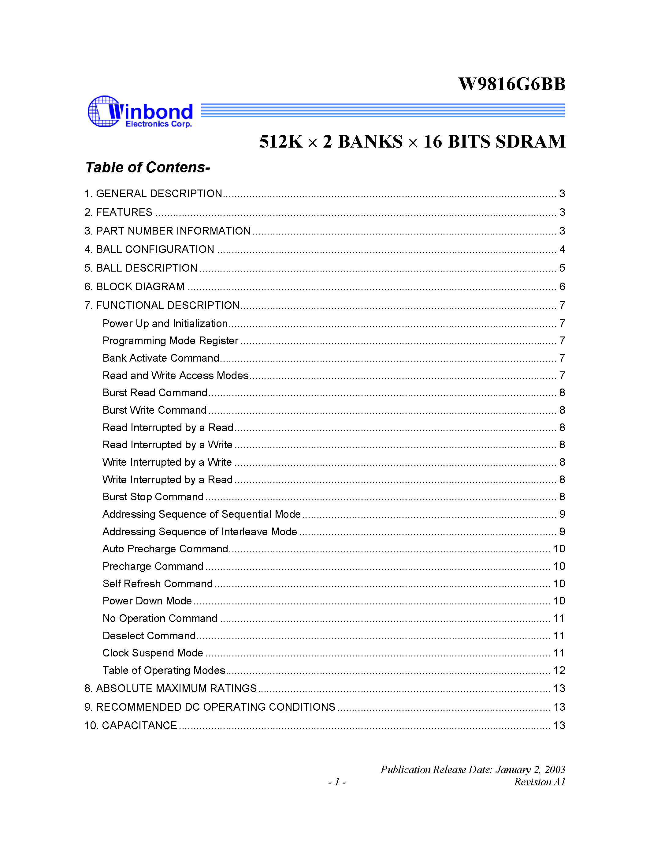 Даташит W9816G6BB - 512K x 2 BANKS x 16 BITS SDRAM страница 1