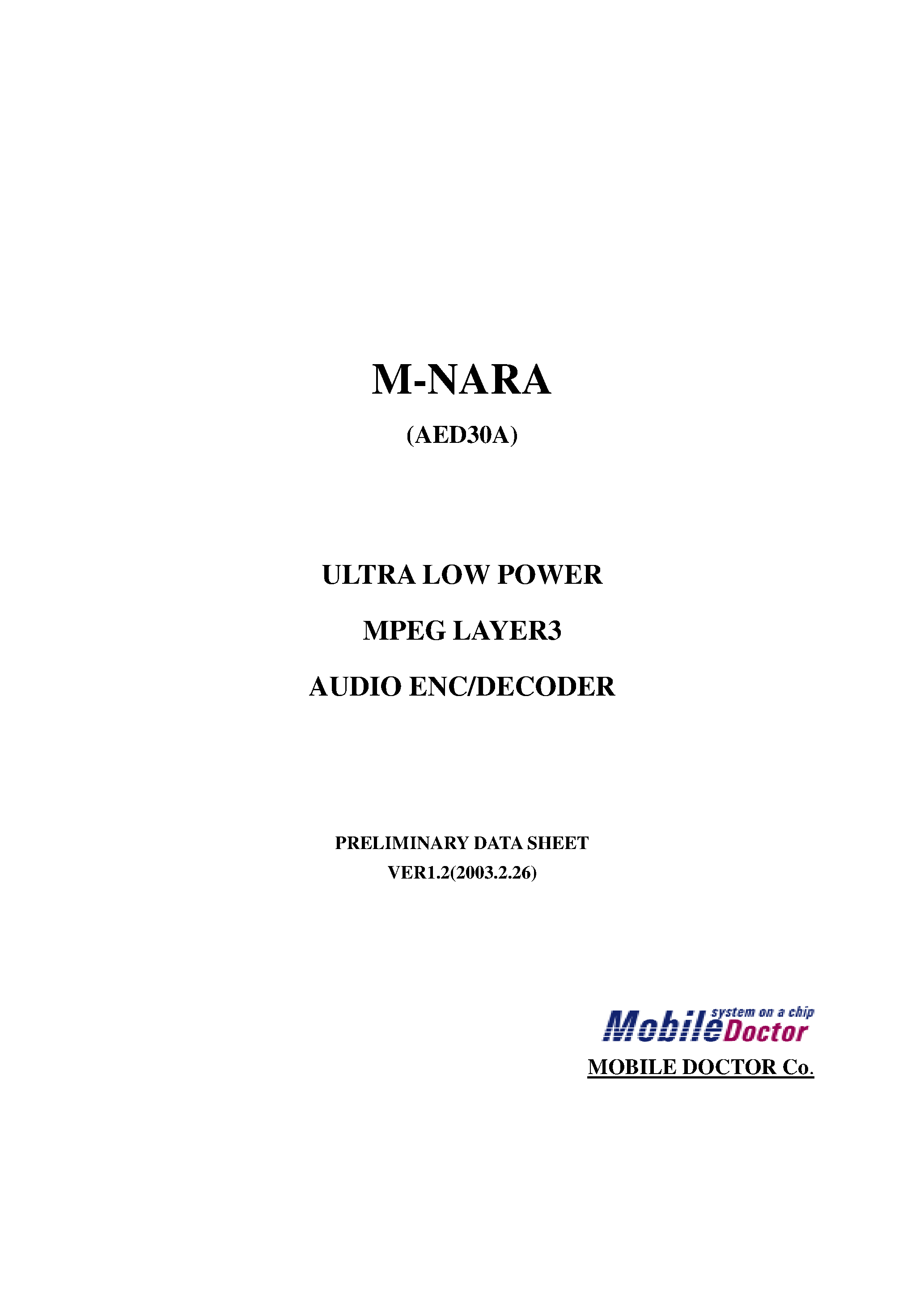 Datasheet AED30A - M-NARA ULTRA LOW POWER MPEG LAYER3 AUDIO ENC/DECODER page 1