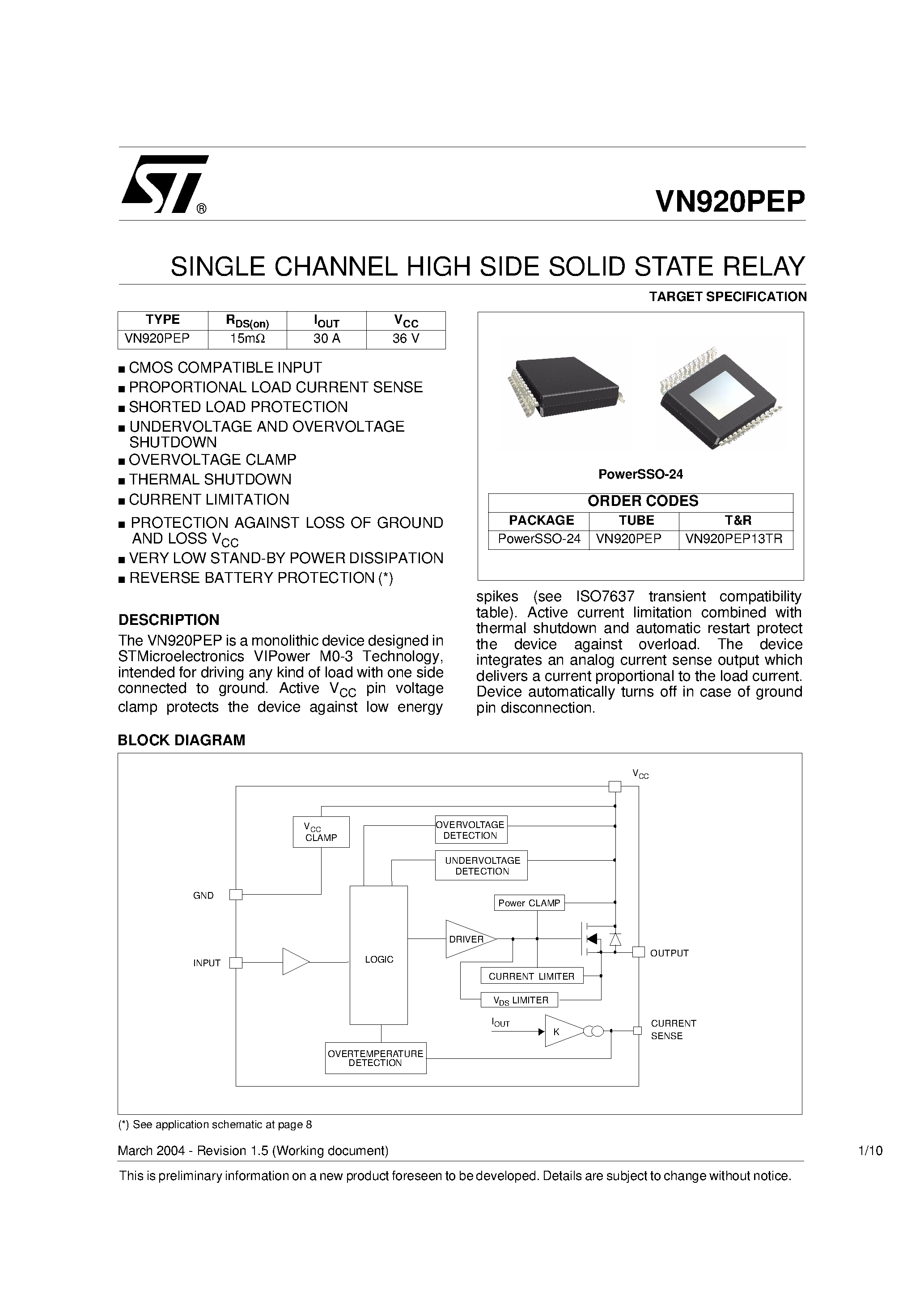 Даташит VN920PEP - SINGLE CHANNEL HIGH SIDE SOLID STATE RELAY страница 1